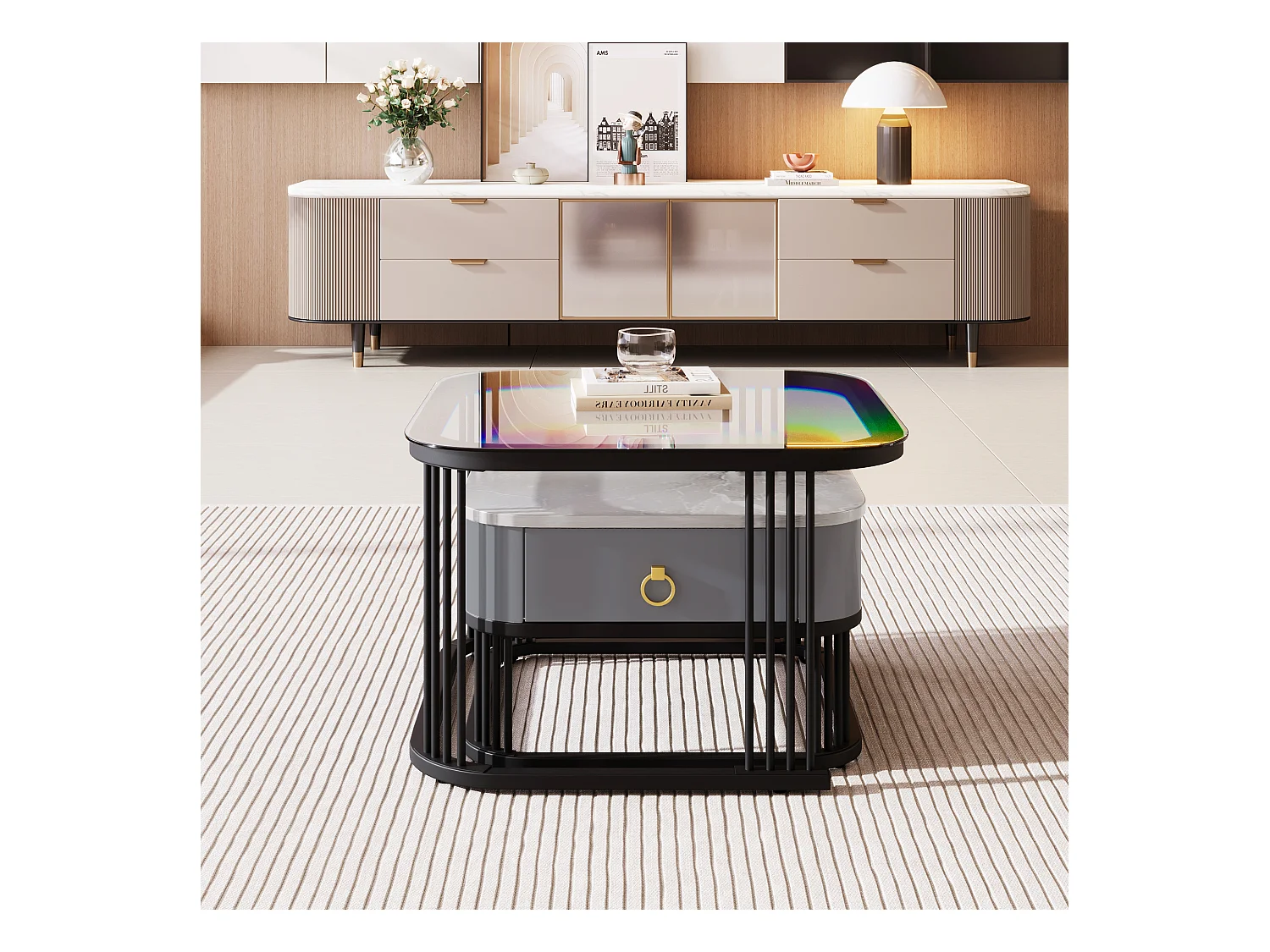 Table basse empilable 2 pièces, design moderne, MDF, noir et gris, avec plateaux en verre (60 x 60 x 42 cm & 50 x 50 x 34 cm)