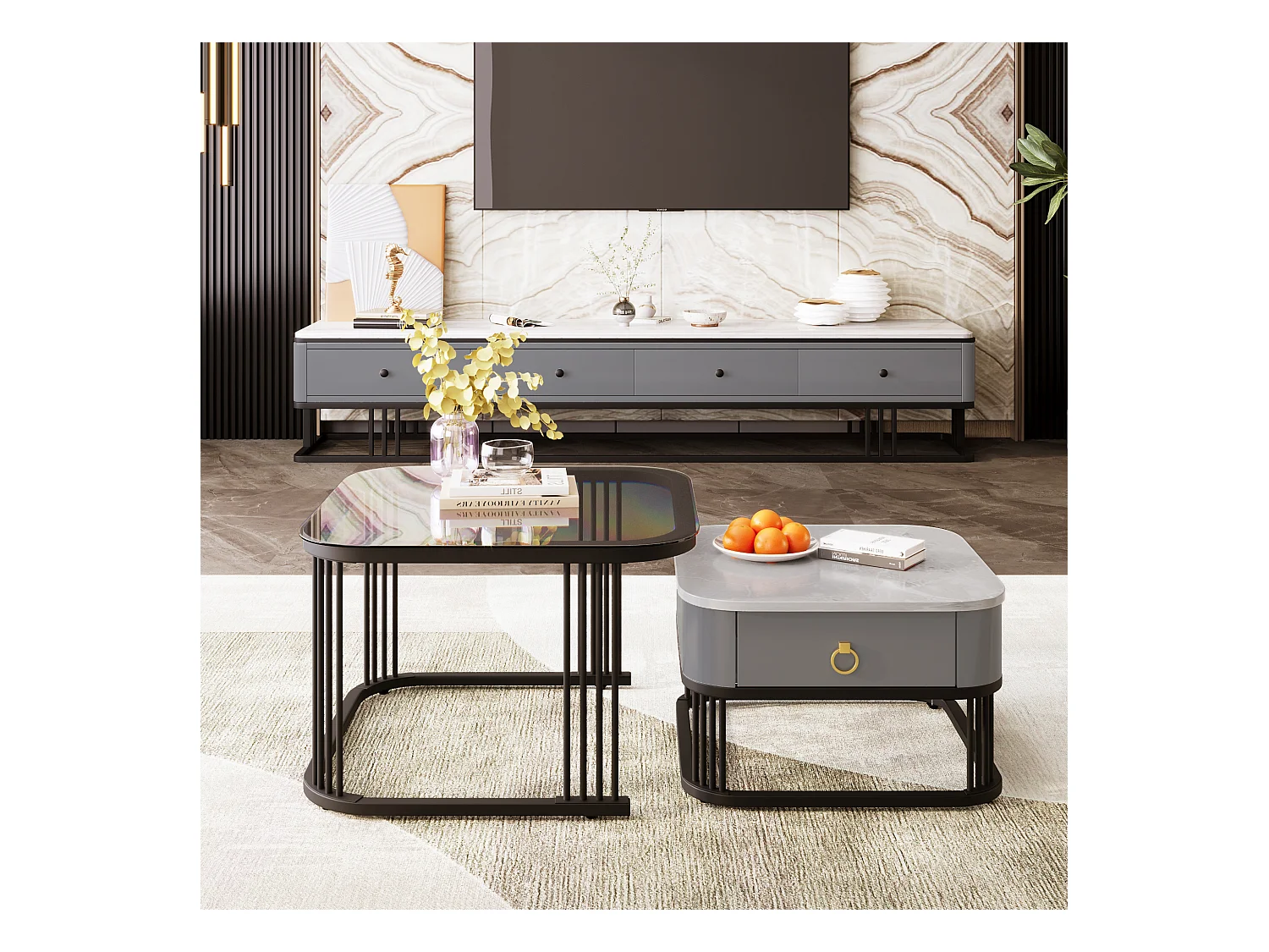 Table basse empilable 2 pièces, design moderne, MDF, noir et gris, avec plateaux en verre (60 x 60 x 42 cm & 50 x 50 x 34 cm)