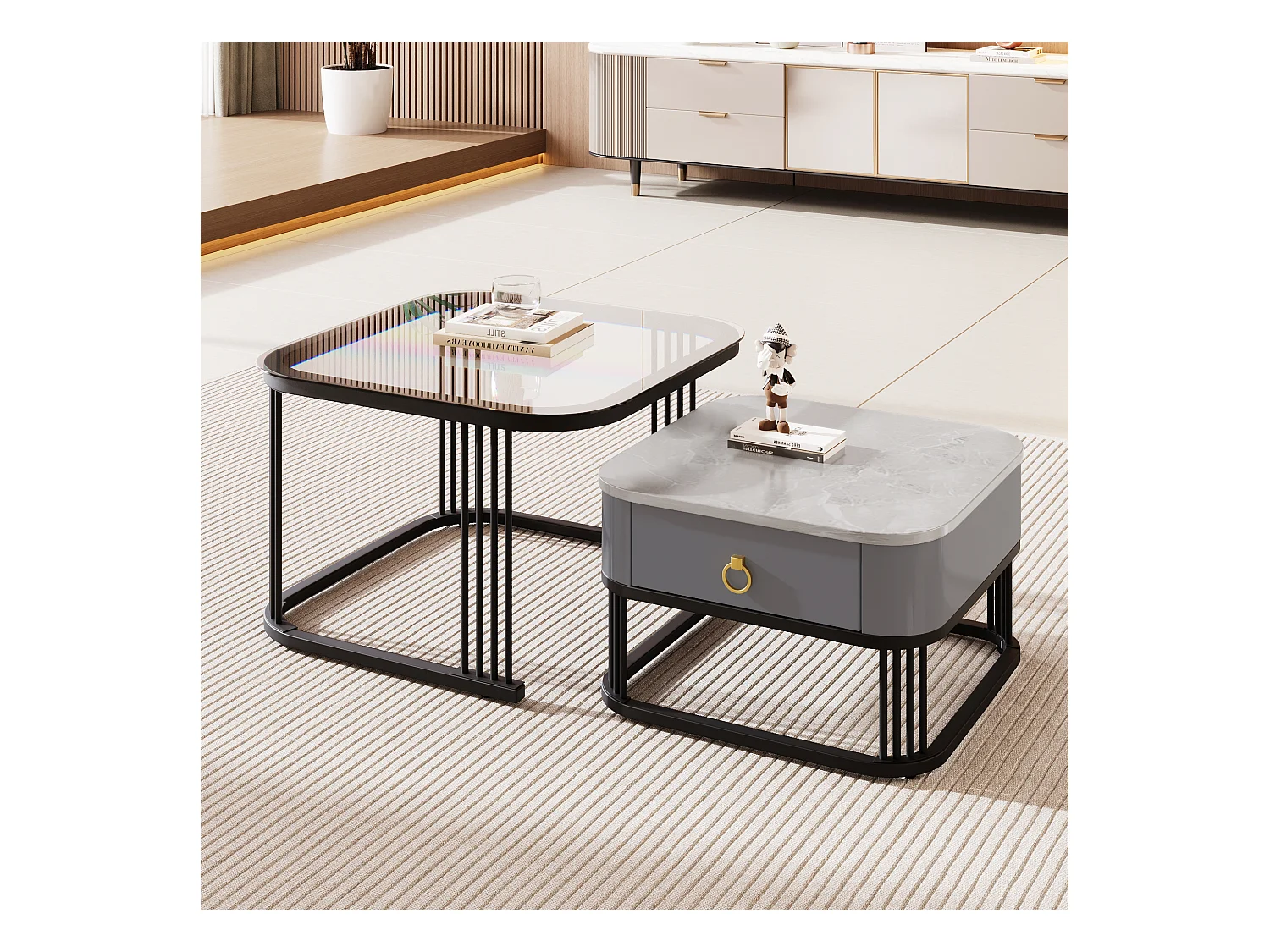 Table basse empilable 2 pièces, design moderne, MDF, noir et gris, avec plateaux en verre (60 x 60 x 42 cm & 50 x 50 x 34 cm)