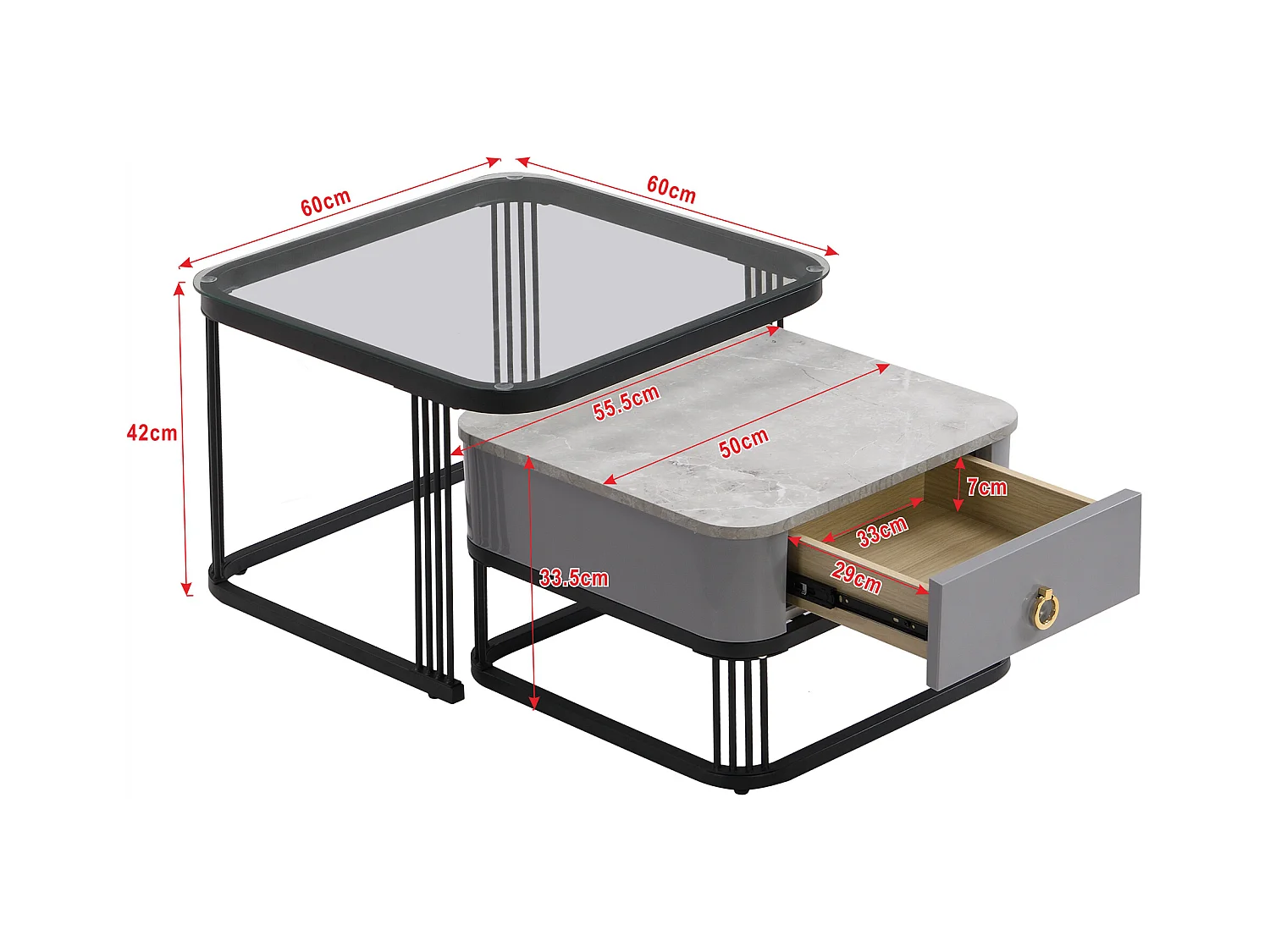 Table basse empilable 2 pièces, design moderne, MDF, noir et gris, avec plateaux en verre (60 x 60 x 42 cm & 50 x 50 x 34 cm)