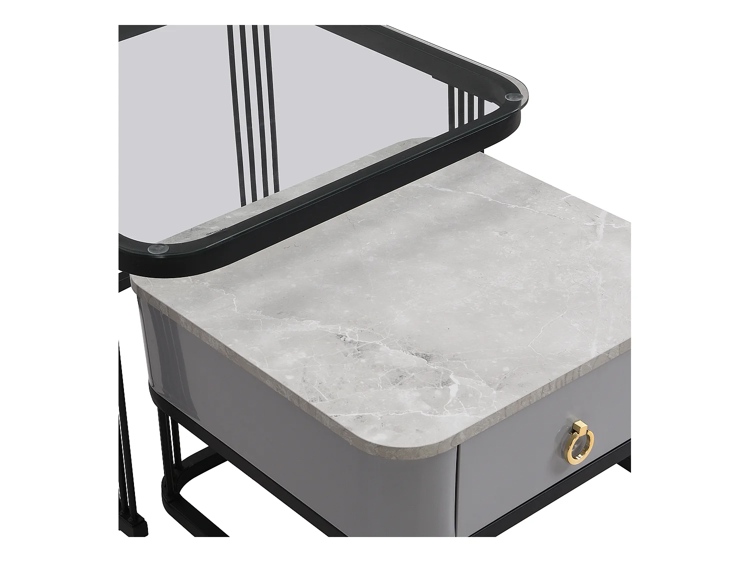 Table basse empilable 2 pièces, design moderne, MDF, noir et gris, avec plateaux en verre (60 x 60 x 42 cm & 50 x 50 x 34 cm)