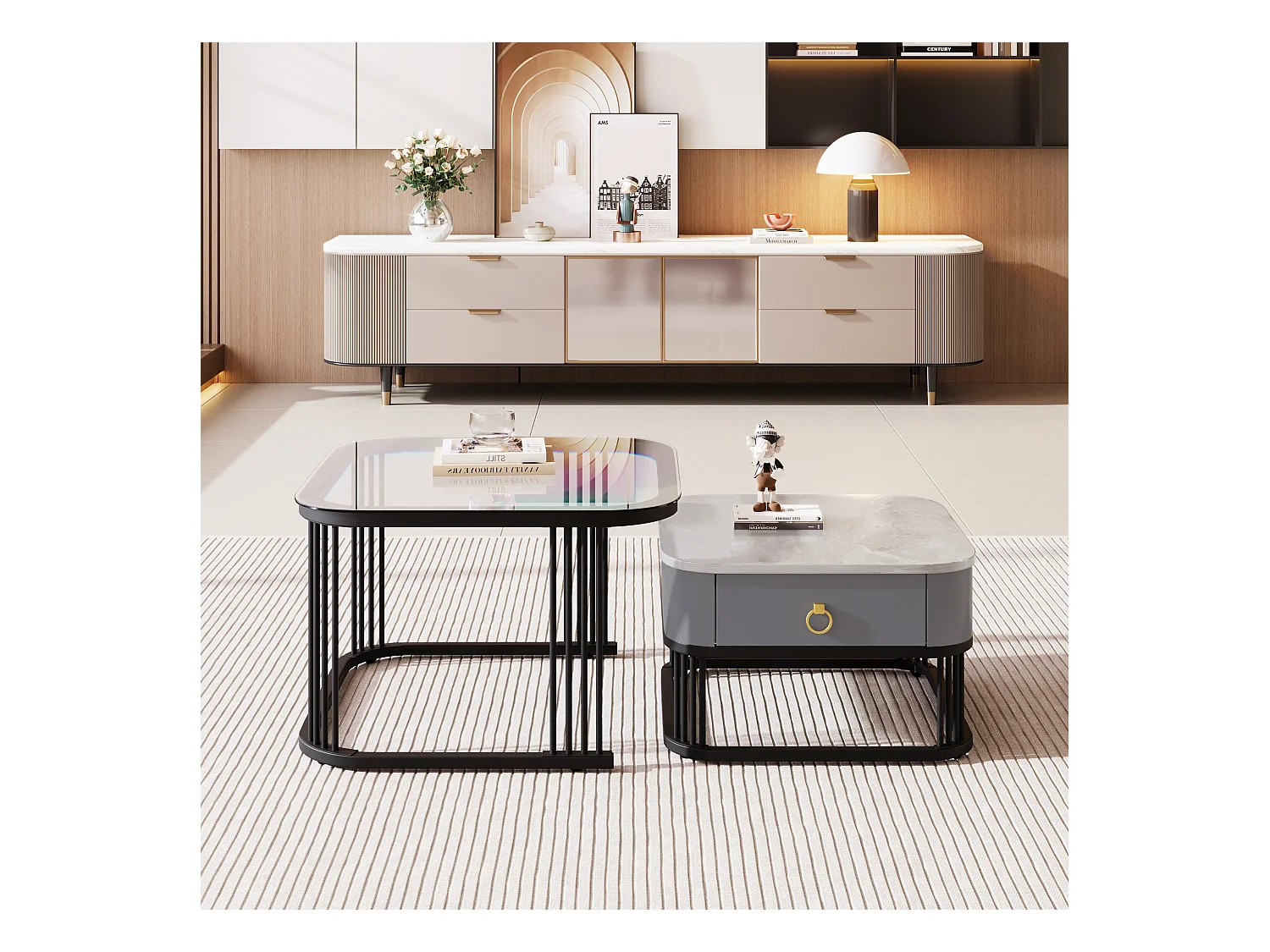 Table basse empilable 2 pièces, design moderne, MDF, noir et gris, avec plateaux en verre (60 x 60 x 42 cm & 50 x 50 x 34 cm)