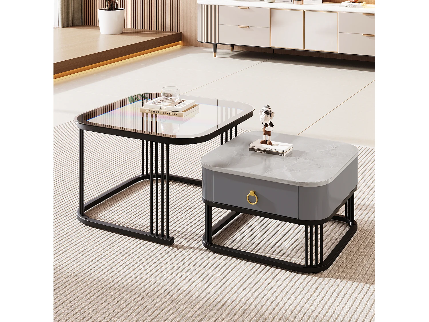 Table basse empilable 2 pièces, design moderne, MDF, noir et gris, avec plateaux en verre (60 x 60 x 42 cm & 50 x 50 x 34 cm)