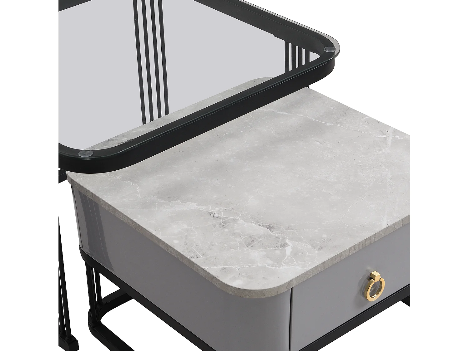 Table basse empilable 2 pièces, design moderne, MDF, noir et gris, avec plateaux en verre (60 x 60 x 42 cm & 50 x 50 x 34 cm)