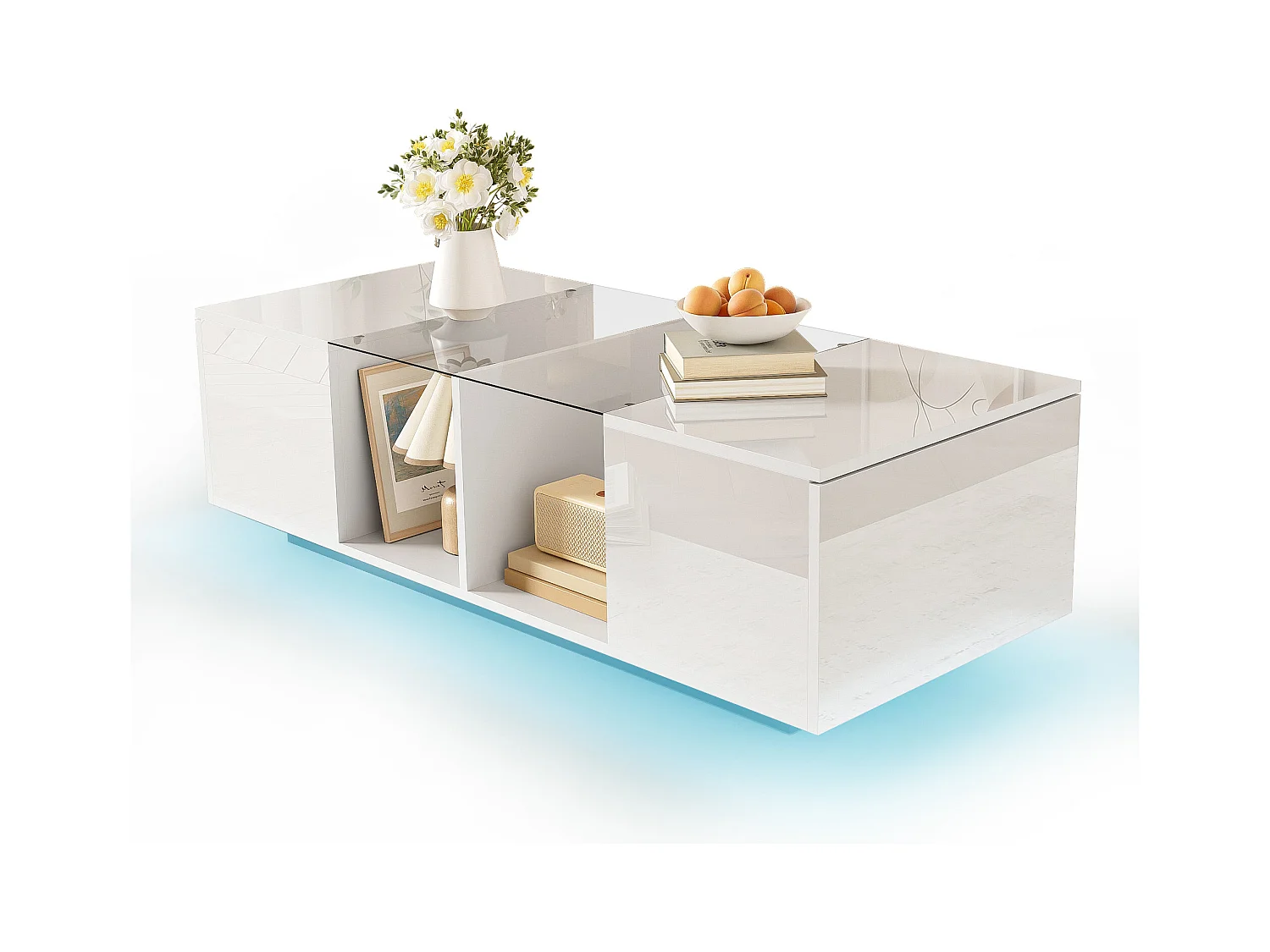 Tavolino da caffè a forma di nuvola con cassetti e vani portaoggetti, design moderno, legno bianco (100x60x40,5 cm)