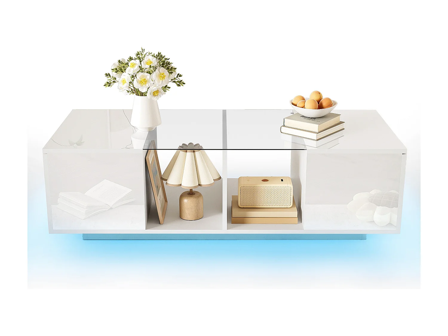 Table basse en forme de nuage avec tiroirs et compartiments de rangement, design moderne, bois blanc (100x60x40.5 cm)