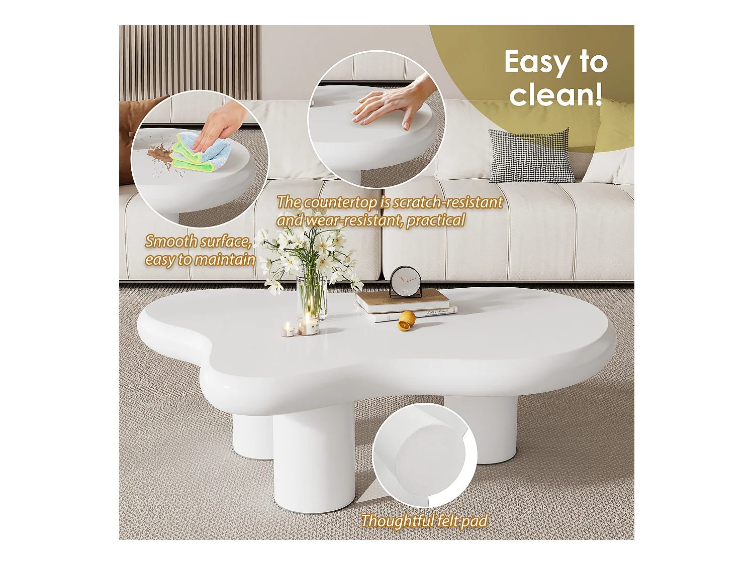 Creatieve wolkvormige salontafel, MDF met viltbescherming, gelakte afwerking, wit (97 x 67 x 32 cm)