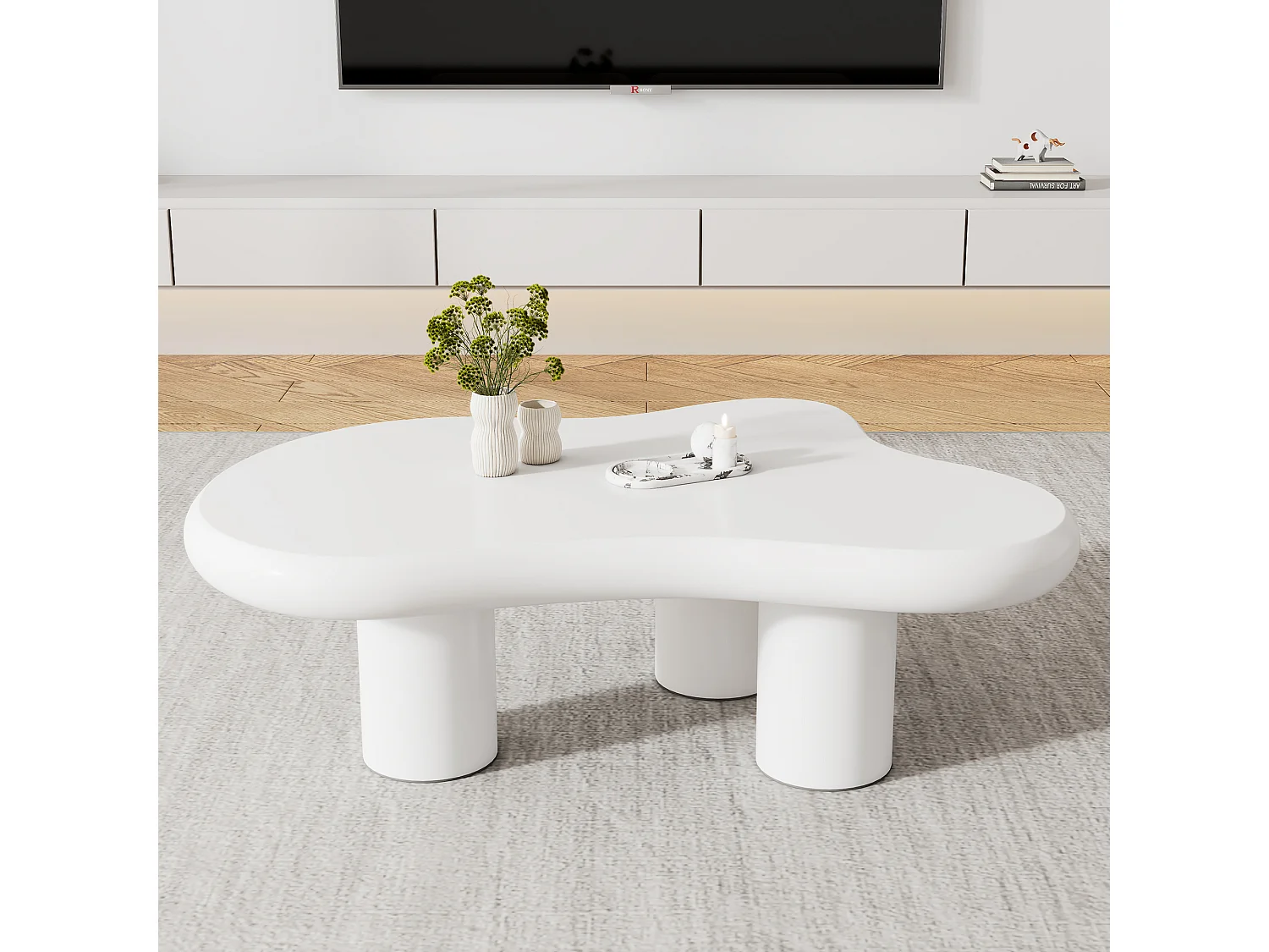 Table basse créative en forme de nuage, MDF avec protection en feutre, finition laquée, blanche (97 x 67 x 32 cm)