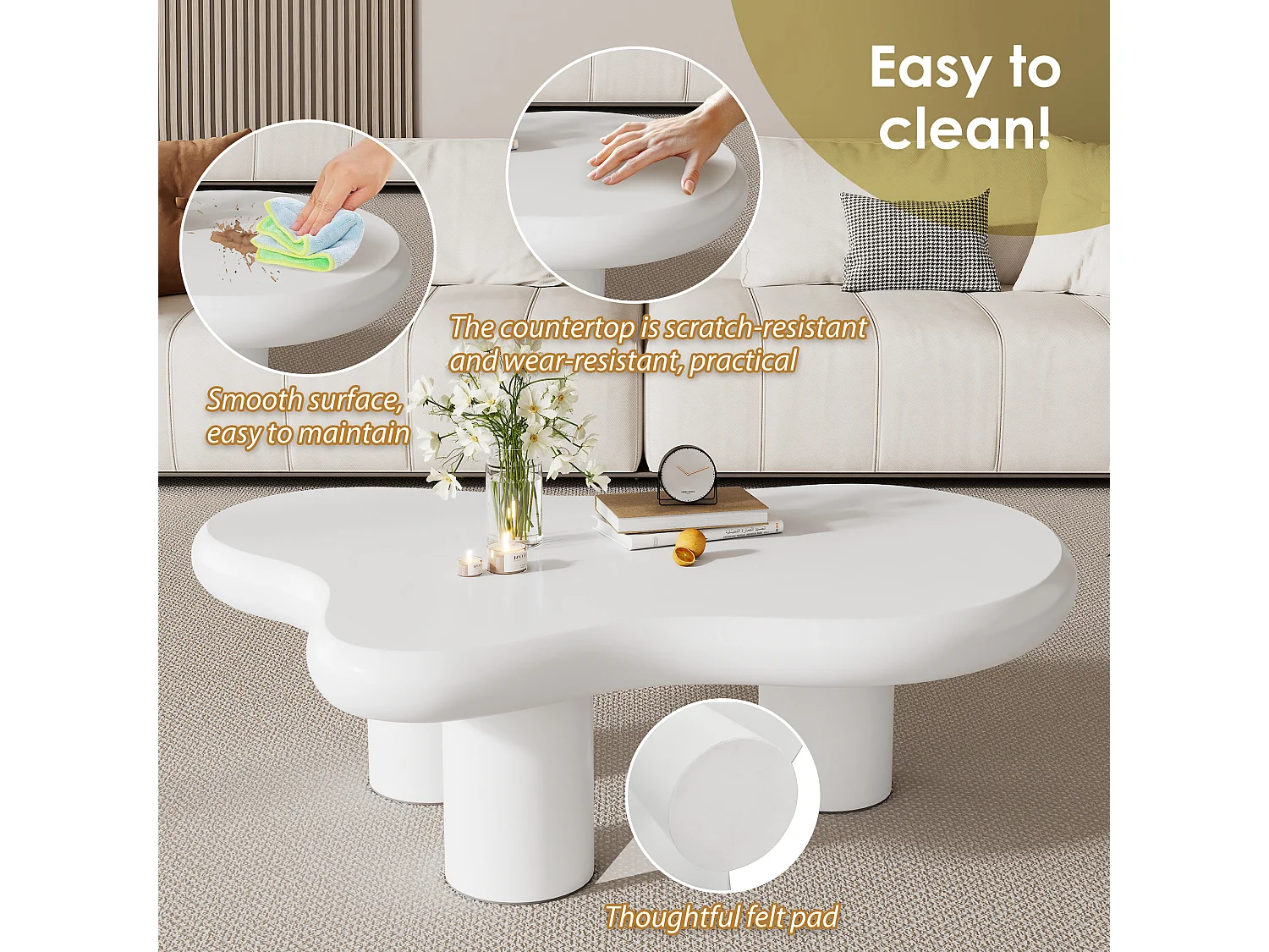 Table basse créative en forme de nuage, MDF avec protection en feutre, finition laquée, blanche (97 x 67 x 32 cm)