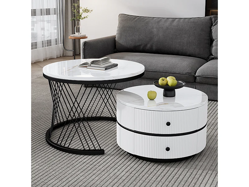 In elkaar passende salontafel in 2 delen, hoogwaardig MDF, glanzende marmeren afwerking, 2 lades, tot 30 kg, (60 x 60 x 46 cm en 50 x 50 x 31 cm)