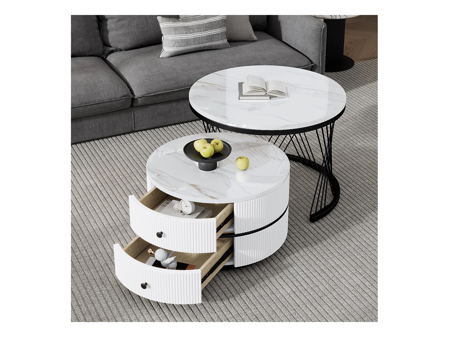 Mesa de centro nido de 2 piezas, alta gama, MDF, acabado mármol brillante, 2 cajones, hasta 30 kg, (60 x 60 x 46 cm y 50 x 50 x 31 cm)