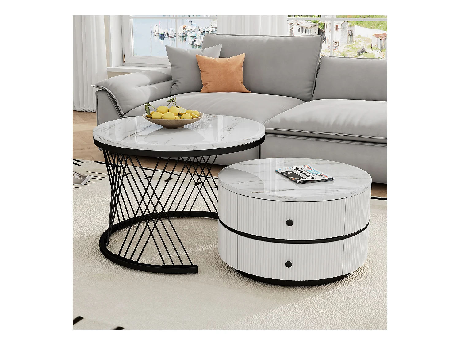 Mesa de centro nido de 2 piezas, alta gama, MDF, acabado mármol brillante, 2 cajones, hasta 30 kg, (60 x 60 x 46 cm y 50 x 50 x 31 cm)