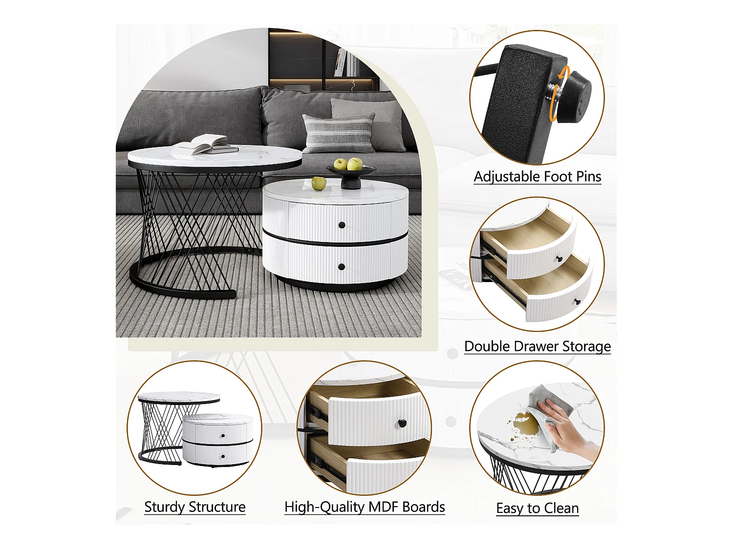 Mesa de centro nido de 2 piezas, alta gama, MDF, acabado mármol brillante, 2 cajones, hasta 30 kg, (60 x 60 x 46 cm y 50 x 50 x 31 cm)