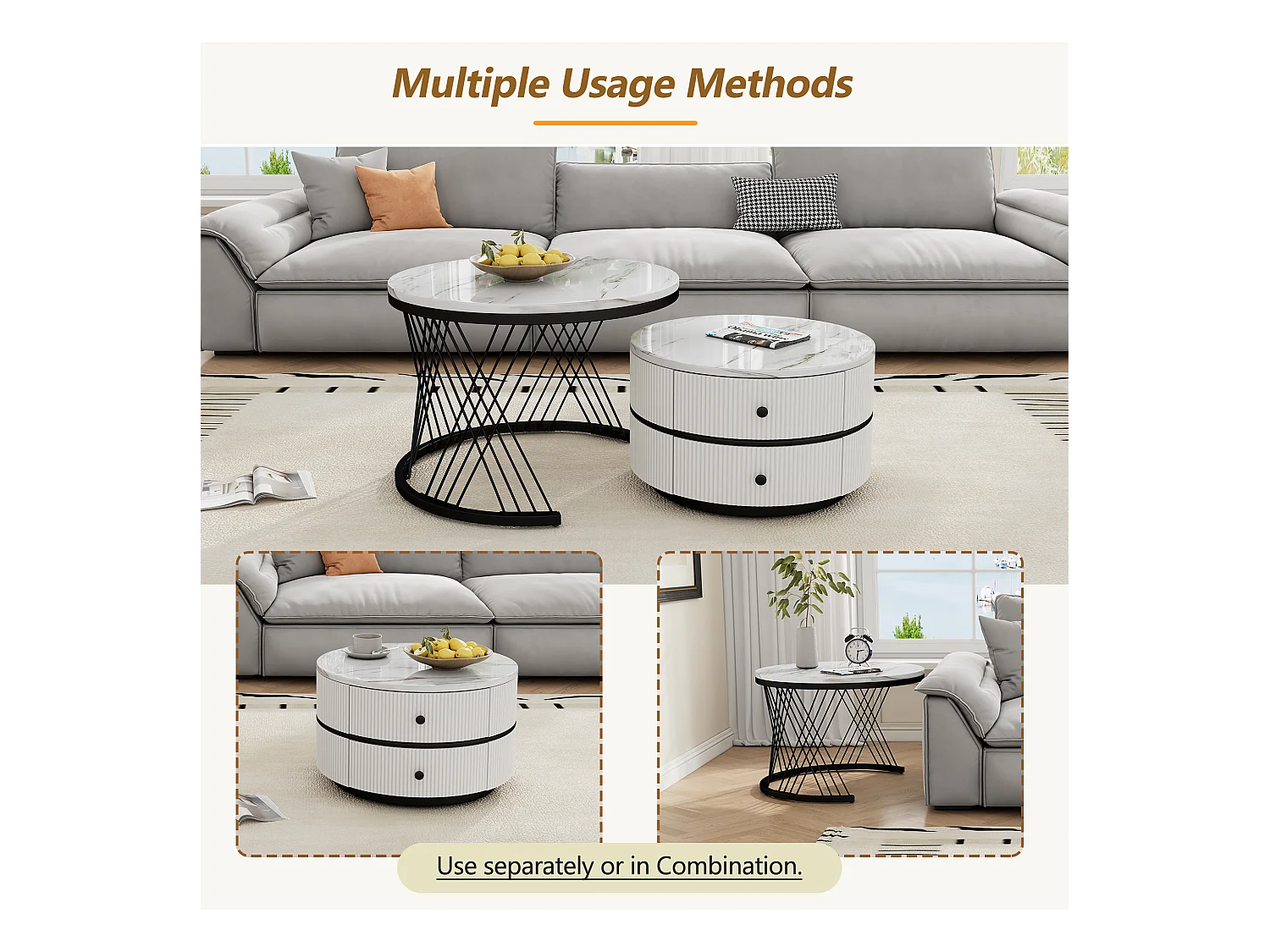 Mesa de centro nido de 2 piezas, alta gama, MDF, acabado mármol brillante, 2 cajones, hasta 30 kg, (60 x 60 x 46 cm y 50 x 50 x 31 cm)