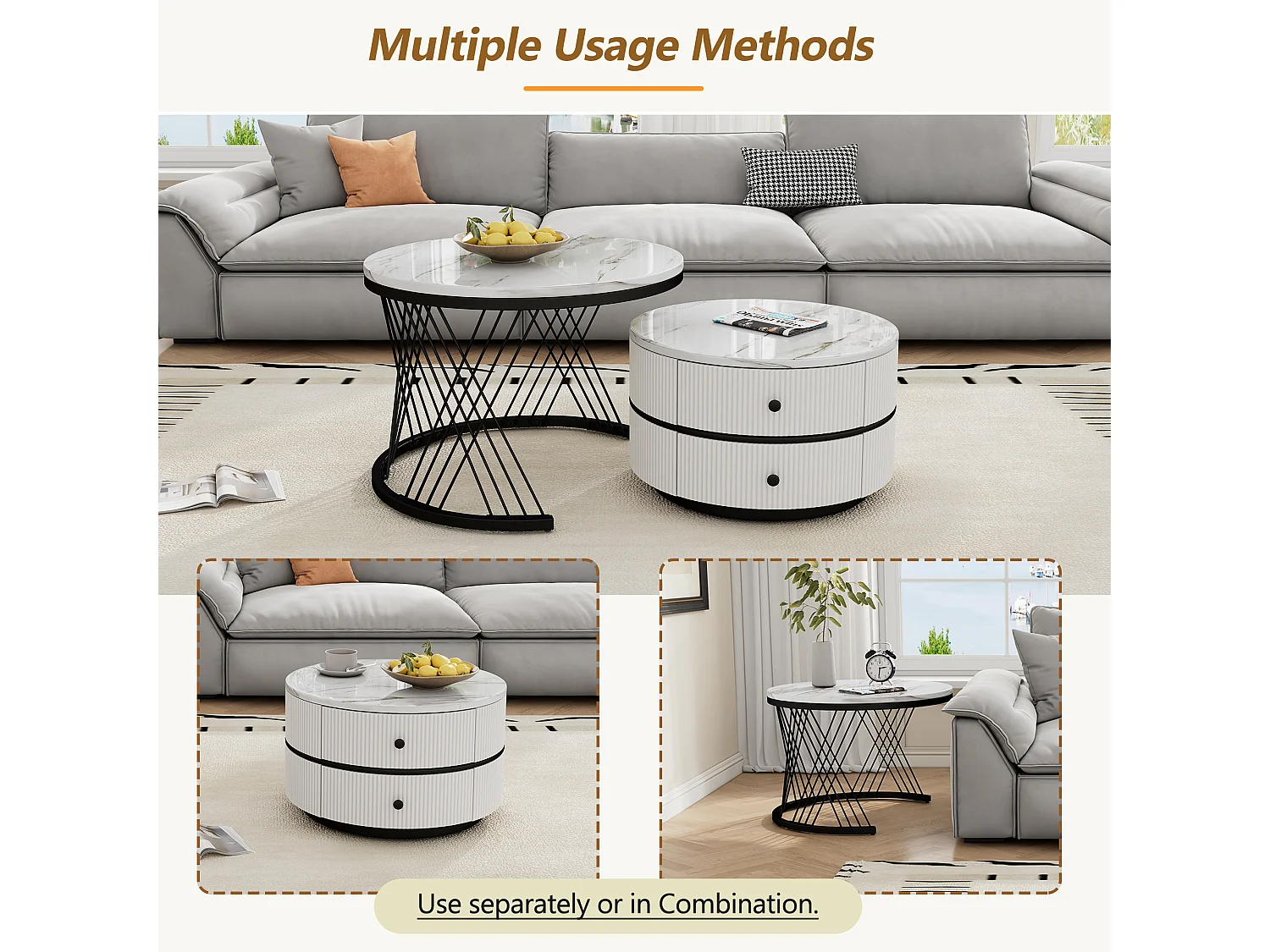 Table basse Nesting 2 pièces, haut de gamme, MDF, finition marbrée brillante, 2 tiroirs, jusqu'à 30 kg, (60 x 60 x 46 cm & 50 x 50 x 31 cm)