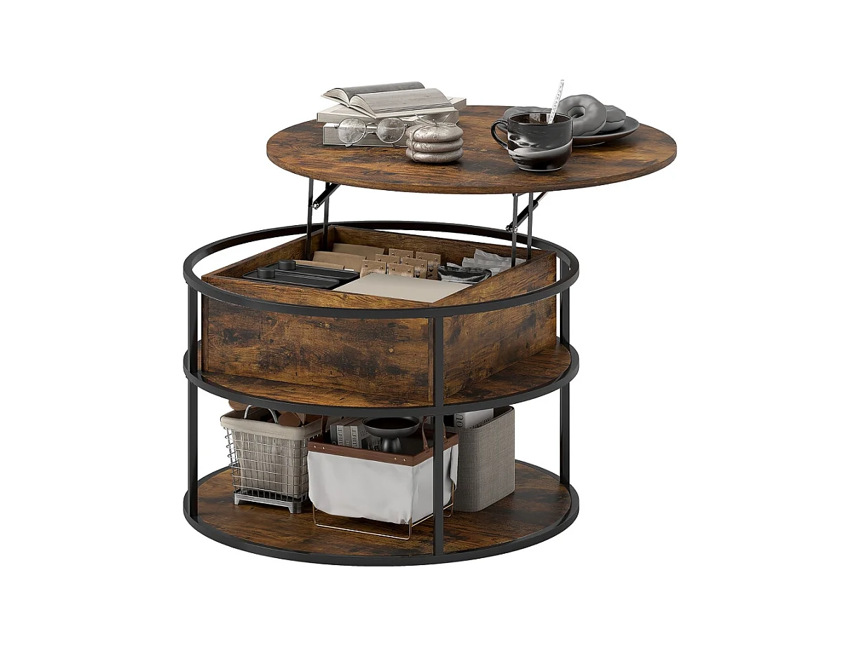 Table basse ronde réglable en hauteur, avec 3 niveaux, verre trempé, bois, noir (80x80x47-61.5 cm)