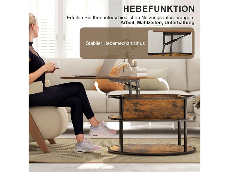 Table basse ronde réglable en hauteur, avec 3 niveaux, verre trempé, bois, noir (80x80x47-61.5 cm)