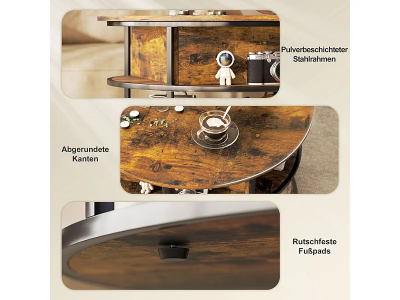 Table basse ronde réglable en hauteur, avec 3 niveaux, verre trempé, bois, noir (80x80x47-61.5 cm)