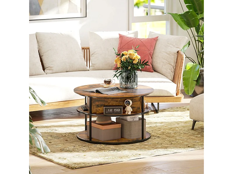 Table basse ronde réglable en hauteur, avec 3 niveaux, verre trempé, bois, noir (80x80x47-61.5 cm)