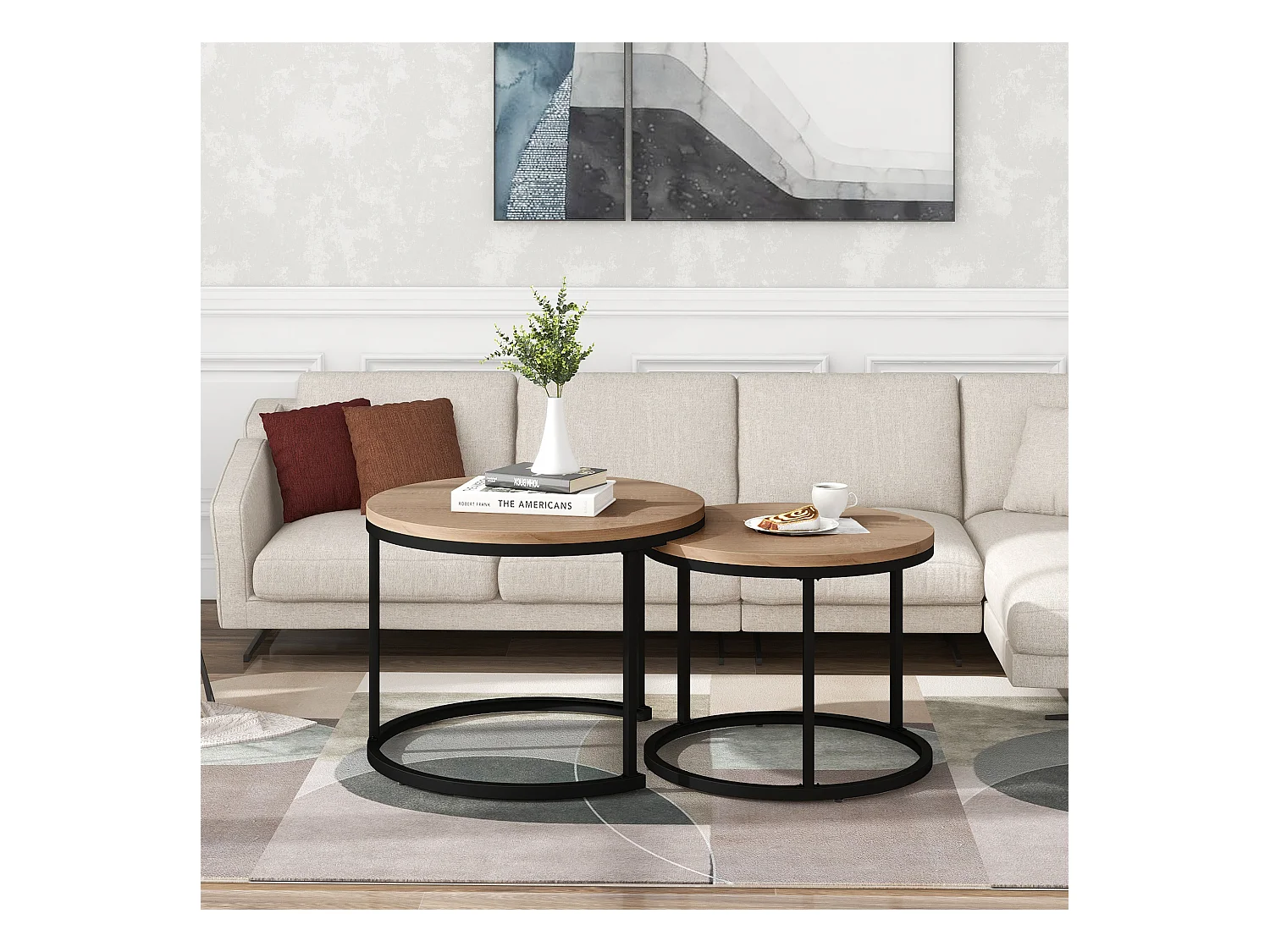 Lot de 2 tables basses rondes, design moderne, MDF, couleur bois (70 x 70 x 45 cm & 45.5 x 44 cm)