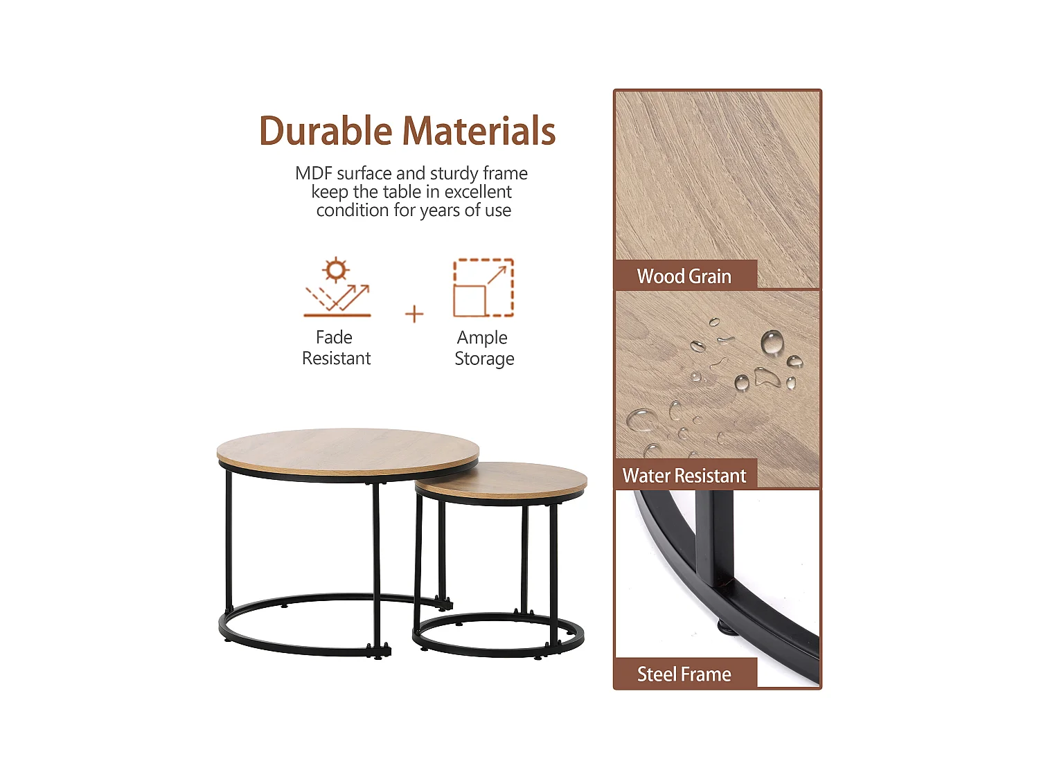 Lot de 2 tables basses rondes, design moderne, MDF, couleur bois (70 x 70 x 45 cm & 45.5 x 44 cm)