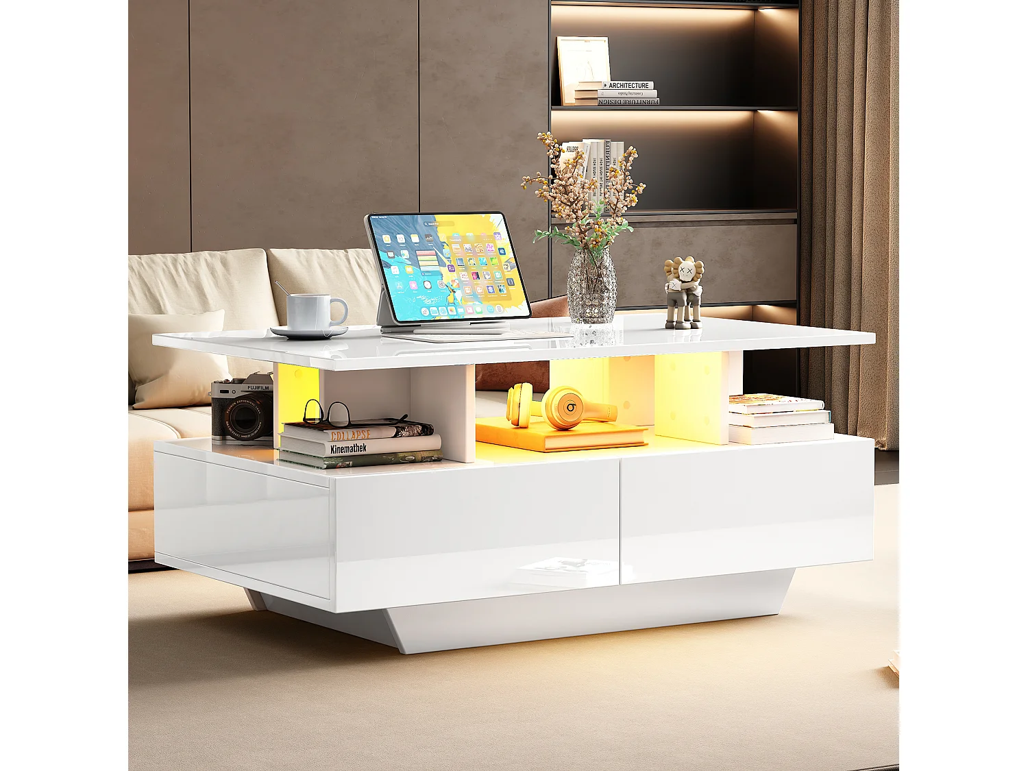 Table basse moderne avec LED, 2 tiroirs, haute brillance, blanche (90x55x41 cm)