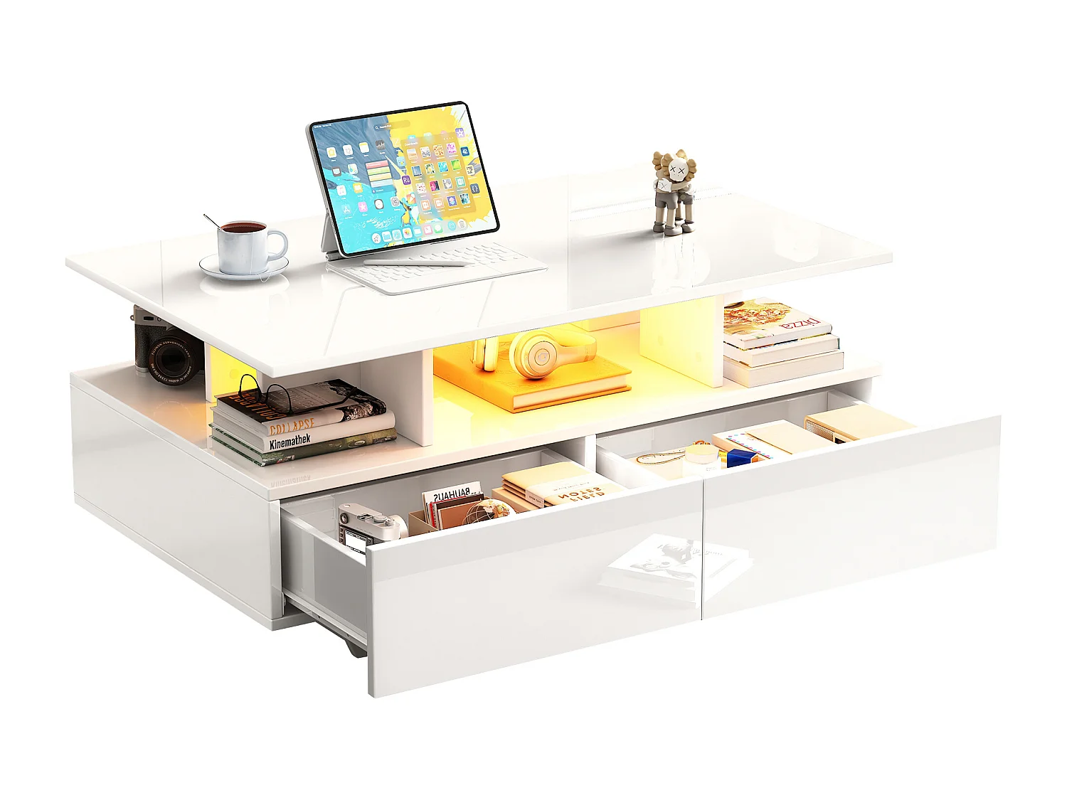 Table basse moderne avec LED, 2 tiroirs, haute brillance, blanche (90x55x41 cm)