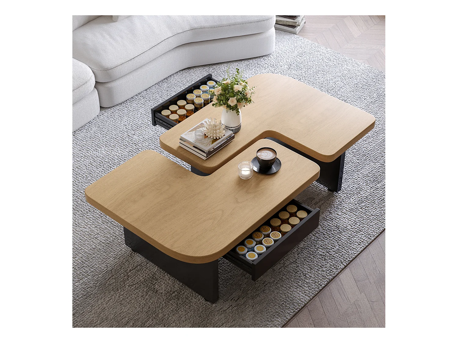 Table Basse Moderne avec LED, Design en Bois Écologique, 2-in-1, 2 Tiroirs, Éléments Modulables, Couleur Bois Naturel (90x60x44.5 cm)