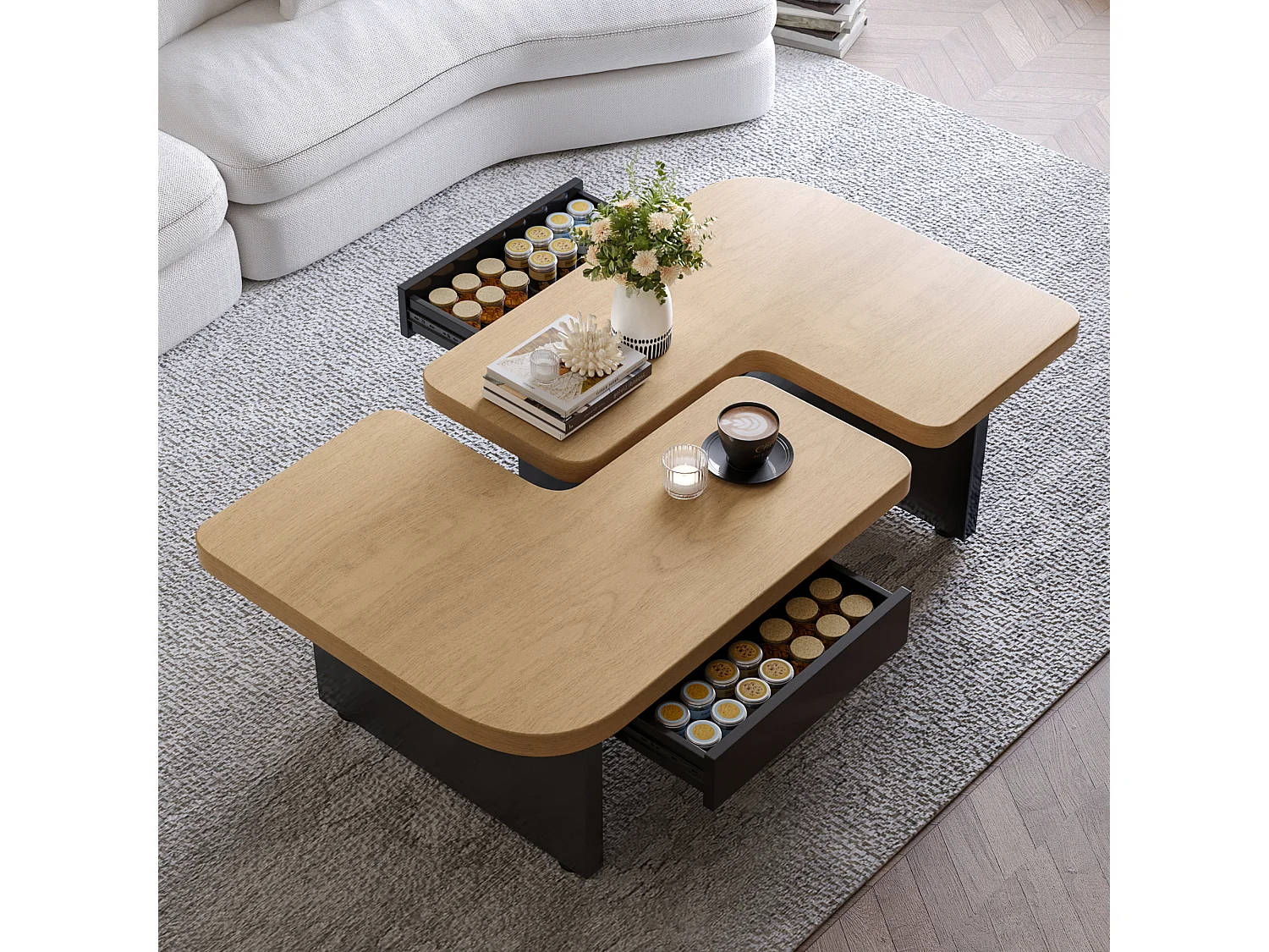 Table Basse Moderne avec LED, Design en Bois Écologique, 2-in-1, 2 Tiroirs, Éléments Modulables, Couleur Bois Naturel (90x60x44.5 cm)