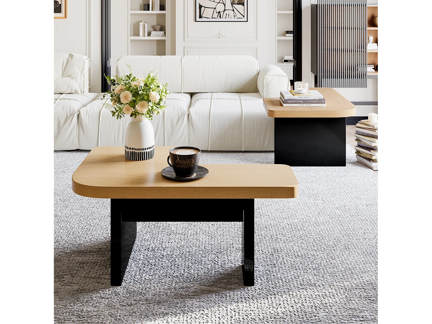 Table Basse Moderne avec LED, Design en Bois Écologique, 2-in-1, 2 Tiroirs, Éléments Modulables, Couleur Bois Naturel (90x60x44.5 cm)