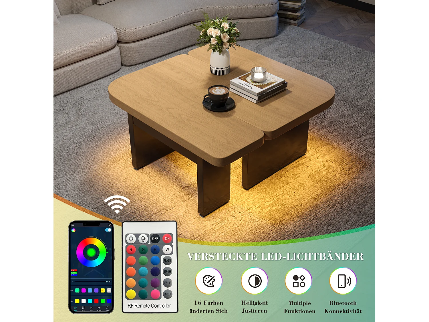 Table Basse Moderne avec LED, Design en Bois Écologique, 2-in-1, 2 Tiroirs, Éléments Modulables, Couleur Bois Naturel (90x60x44.5 cm)