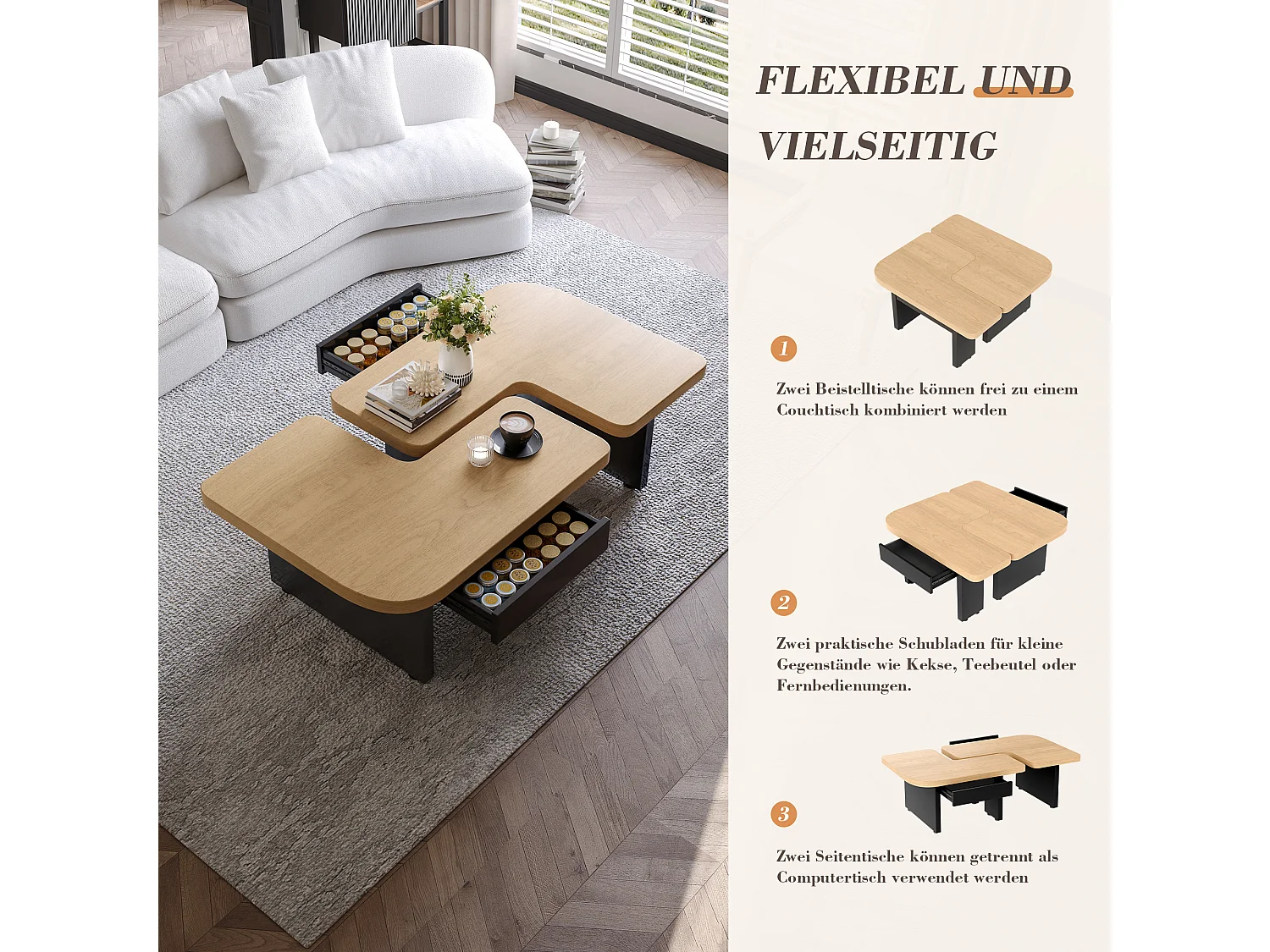 Table Basse Moderne avec LED, Design en Bois Écologique, 2-in-1, 2 Tiroirs, Éléments Modulables, Couleur Bois Naturel (90x60x44.5 cm)