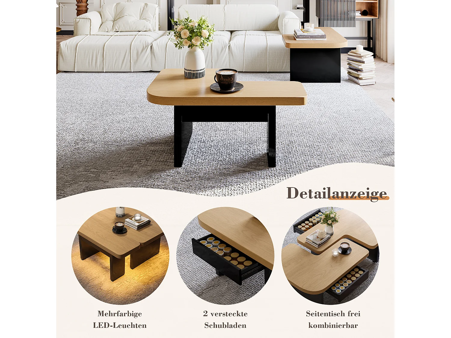 Table Basse Moderne avec LED, Design en Bois Écologique, 2-in-1, 2 Tiroirs, Éléments Modulables, Couleur Bois Naturel (90x60x44.5 cm)