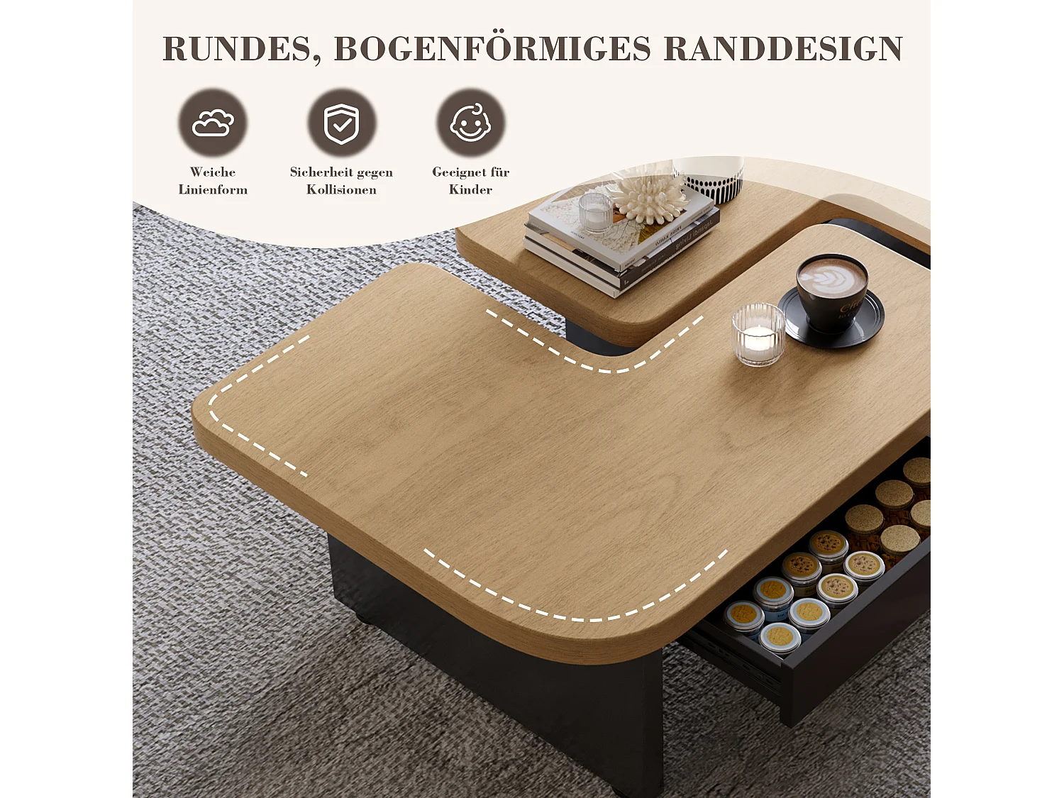Table Basse Moderne avec LED, Design en Bois Écologique, 2-in-1, 2 Tiroirs, Éléments Modulables, Couleur Bois Naturel (90x60x44.5 cm)