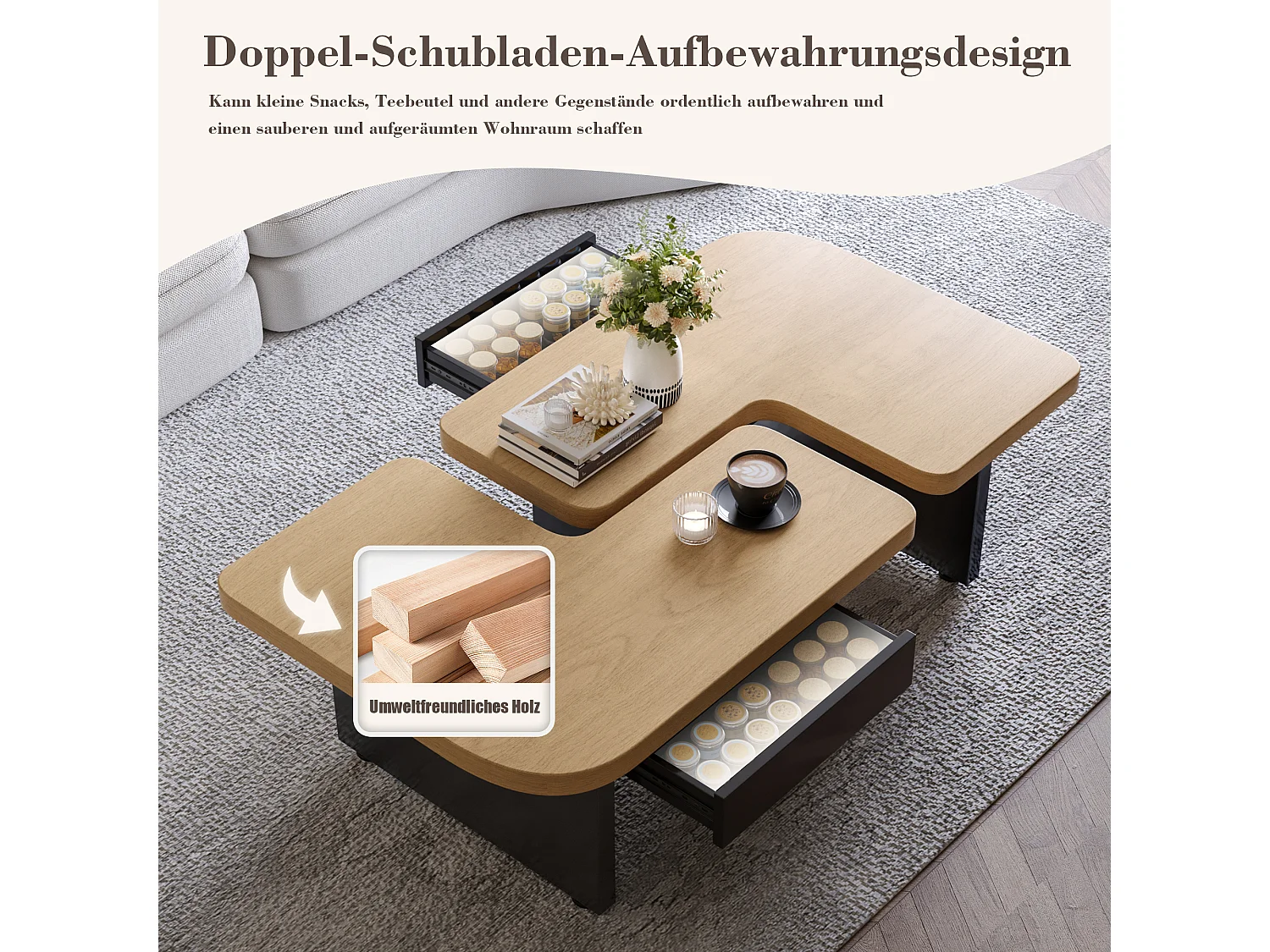 Table Basse Moderne avec LED, Design en Bois Écologique, 2-in-1, 2 Tiroirs, Éléments Modulables, Couleur Bois Naturel (90x60x44.5 cm)