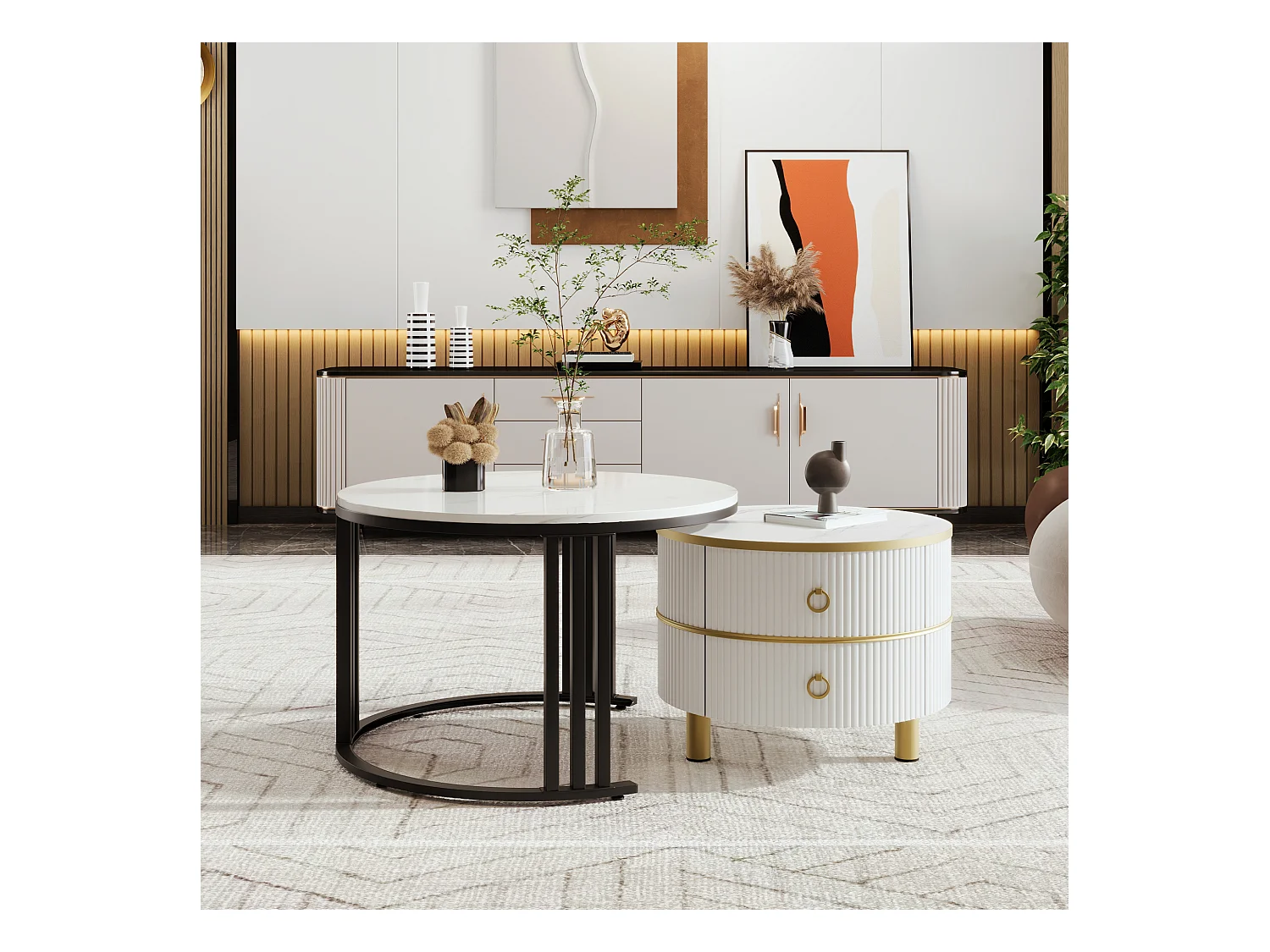 Ronde salontafel 2-in-1, MDF, glas en wit marmeren blad, met 2 lades, zwart en grijs (70x70x46 + 50x50x40 cm)