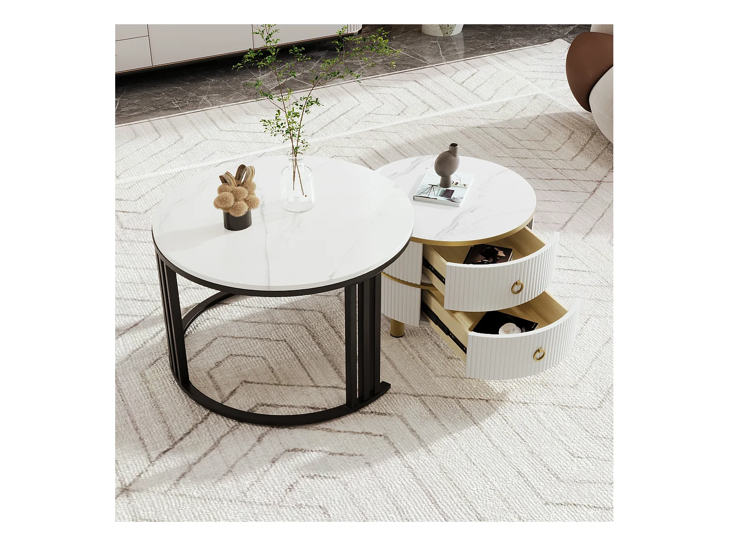 Ronde salontafel 2-in-1, MDF, glas en wit marmeren blad, met 2 lades, zwart en grijs (70x70x46 + 50x50x40 cm)