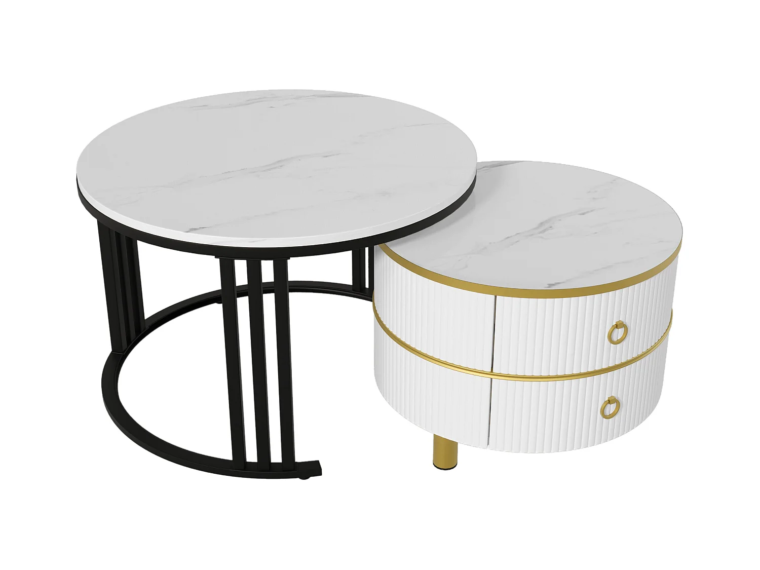 Ronde salontafel 2-in-1, MDF, glas en wit marmeren blad, met 2 lades, zwart en grijs (70x70x46 + 50x50x40 cm)