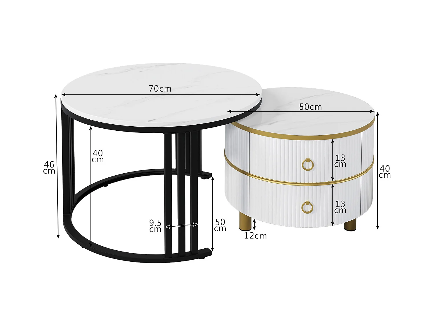 Ronde salontafel 2-in-1, MDF, glas en wit marmeren blad, met 2 lades, zwart en grijs (70x70x46 + 50x50x40 cm)