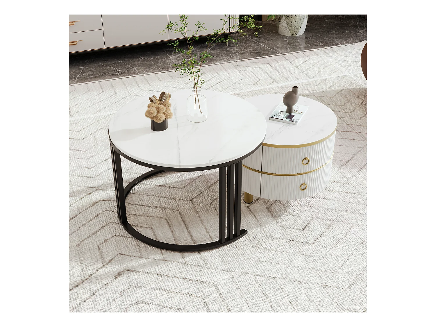 Ronde salontafel 2-in-1, MDF, glas en wit marmeren blad, met 2 lades, zwart en grijs (70x70x46 + 50x50x40 cm)