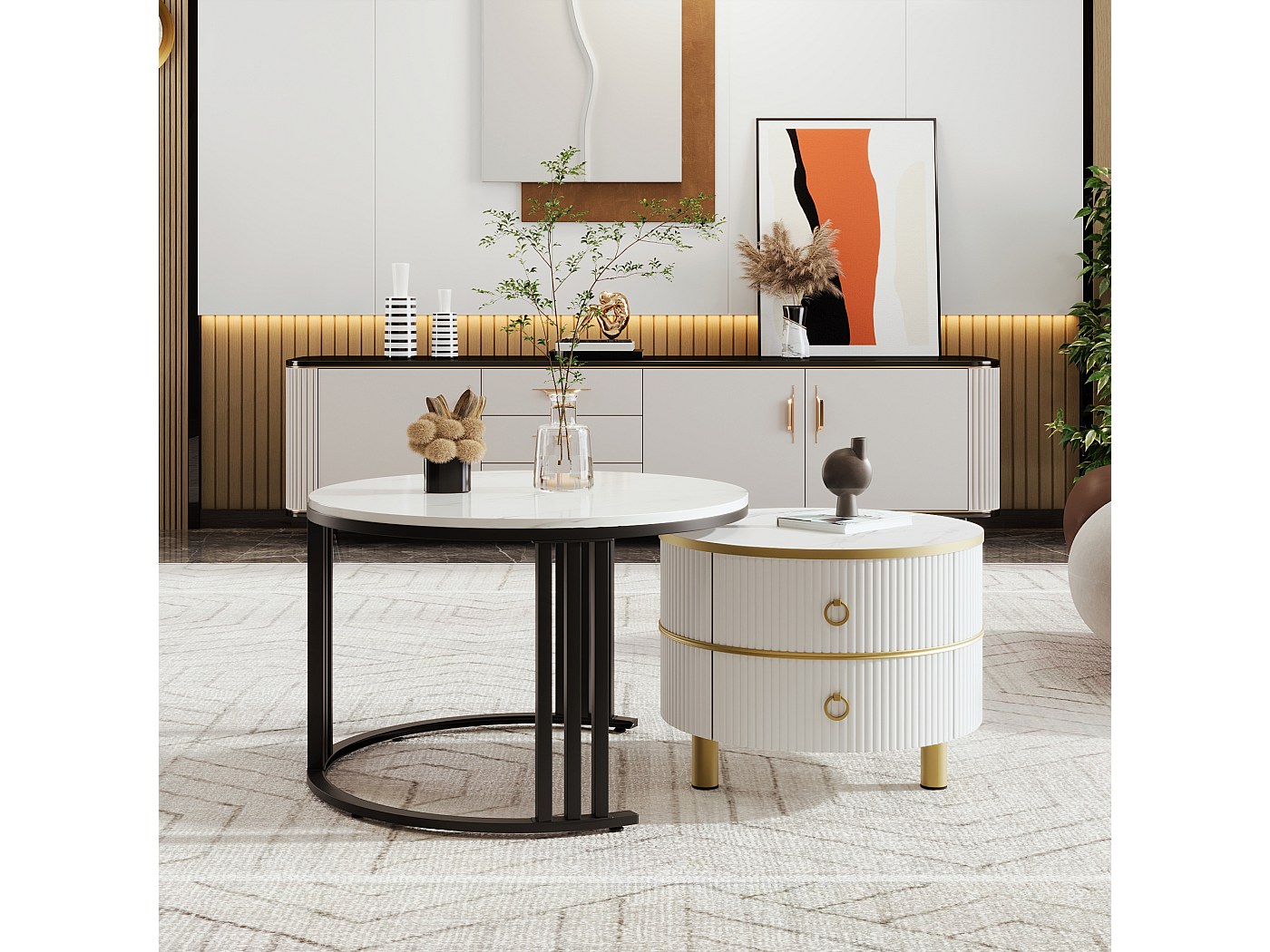 Tavolino 2 In 1 Rotondo 70x70x46 + 50x50x40 Cm - MDF Lucido E Marmo Bianco Con Cassetti E Gambe Dorate