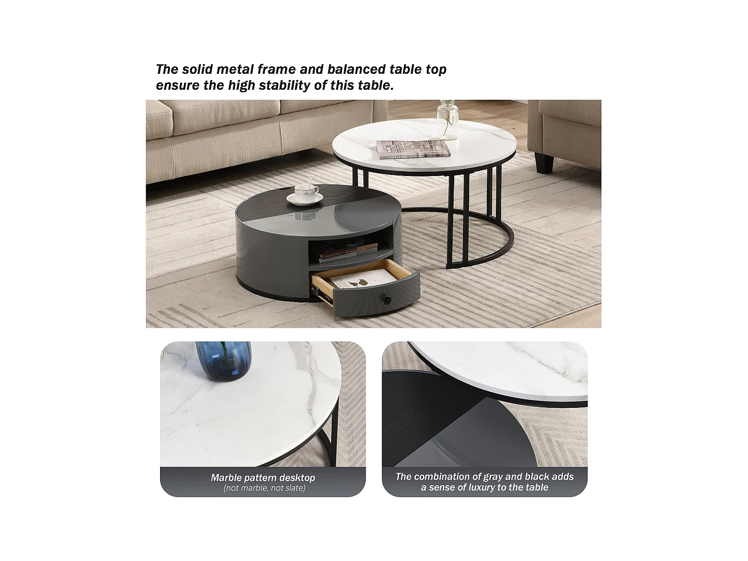 Salontafel met opbergruimte, marmer- en houtdesign, MDF, grijs en zwart (70x70x40cm)