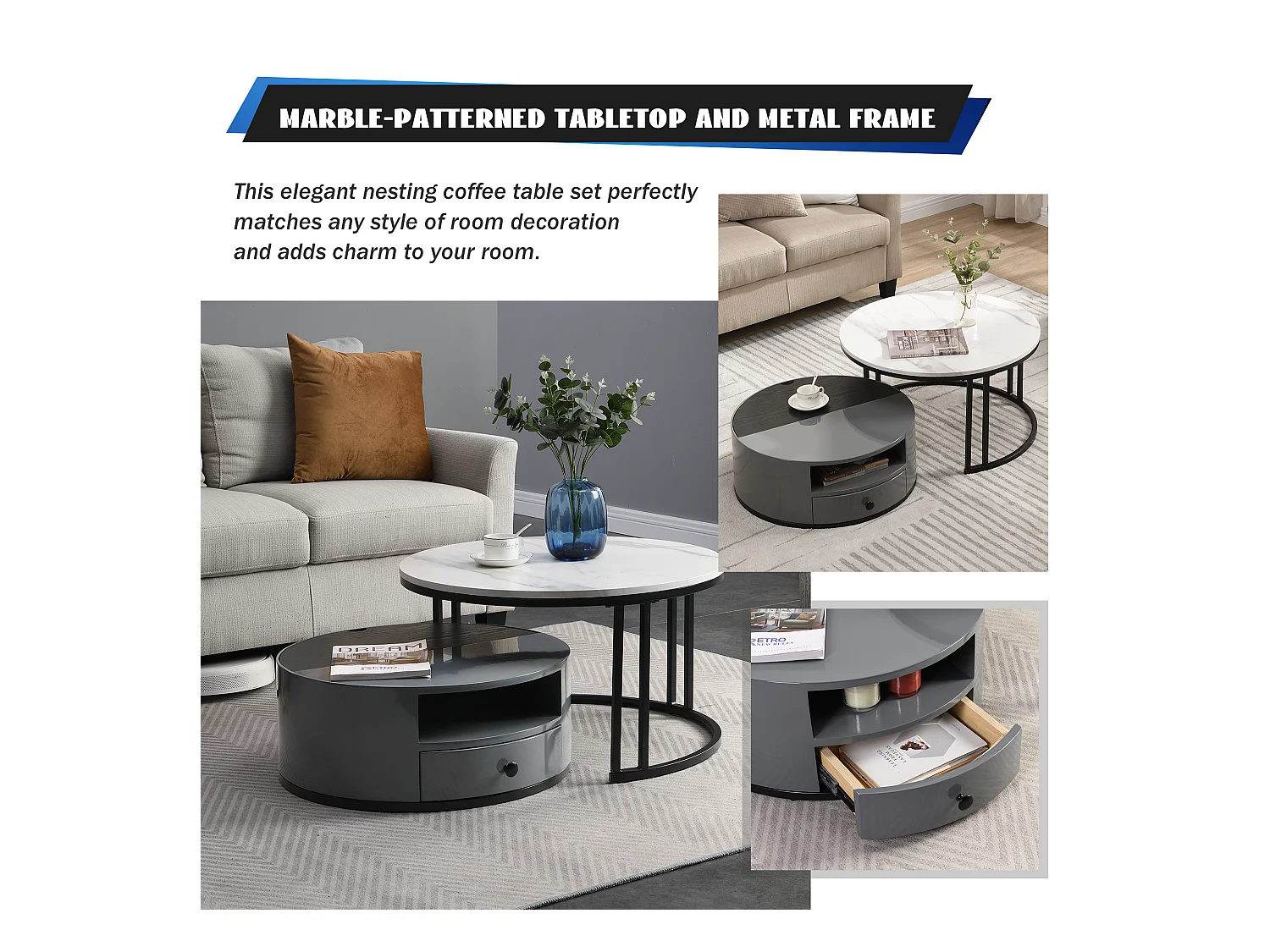 Salontafel met opbergruimte, marmer- en houtdesign, MDF, grijs en zwart (70x70x40cm)