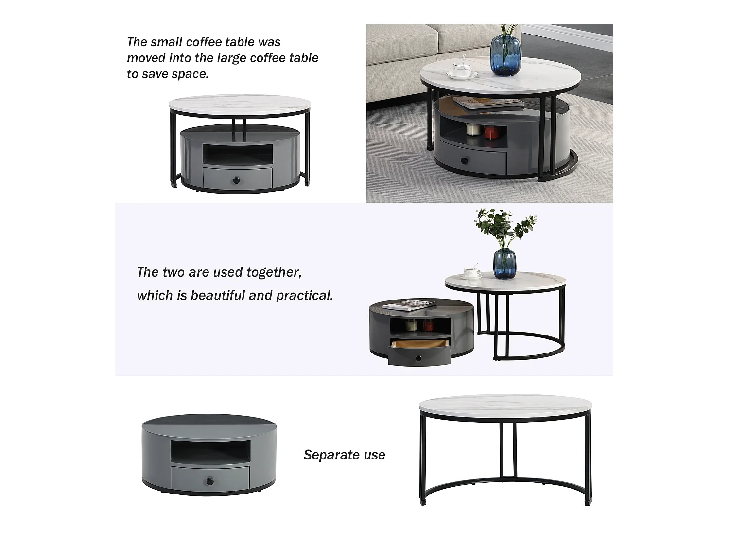 Salontafel met opbergruimte, marmer- en houtdesign, MDF, grijs en zwart (70x70x40cm)