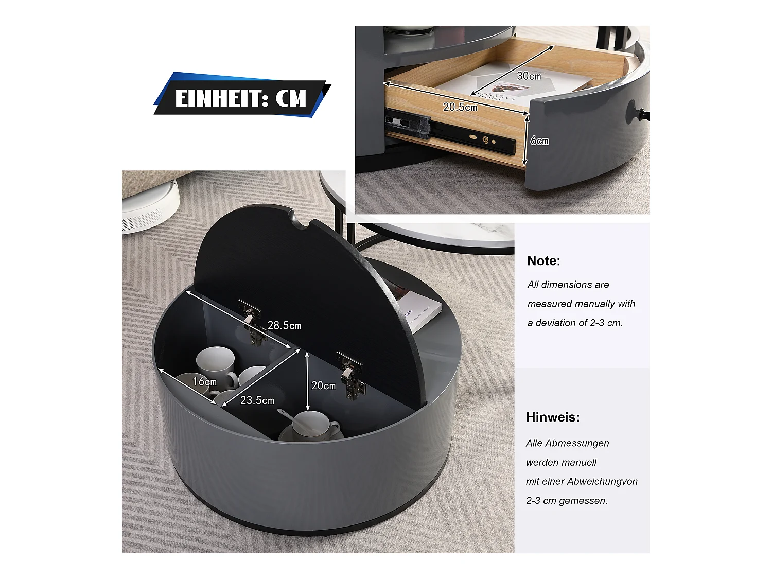 Salontafel met opbergruimte, marmer- en houtdesign, MDF, grijs en zwart (70x70x40cm)