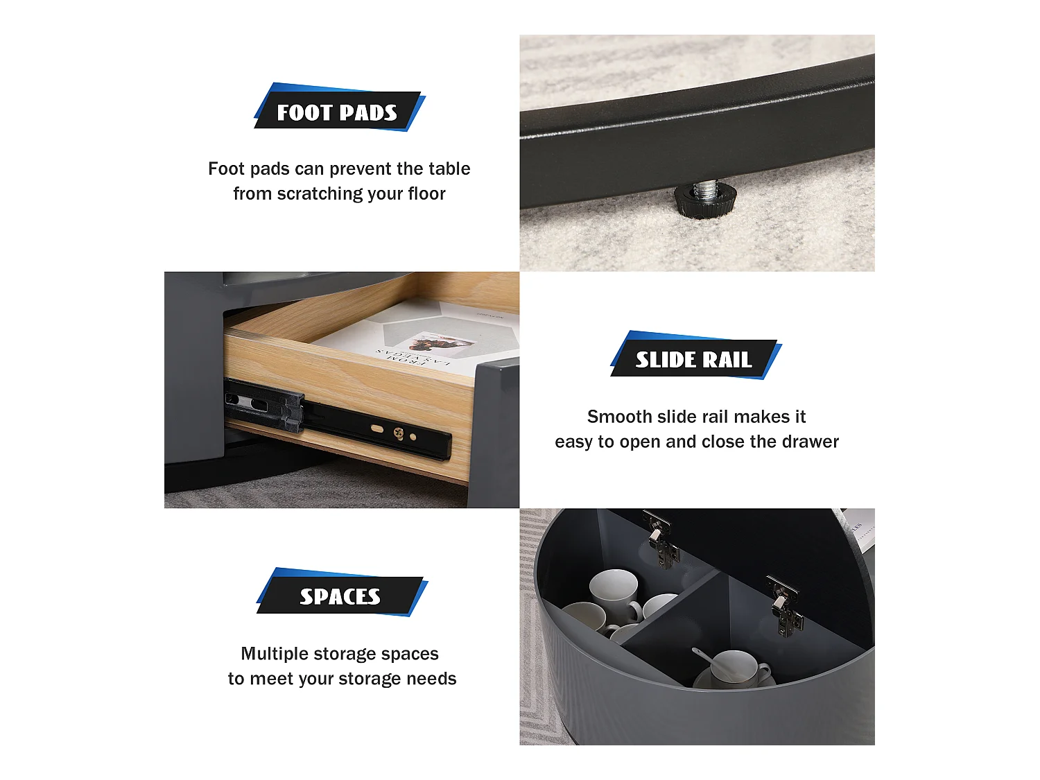 Salontafel met opbergruimte, marmer- en houtdesign, MDF, grijs en zwart (70x70x40cm)