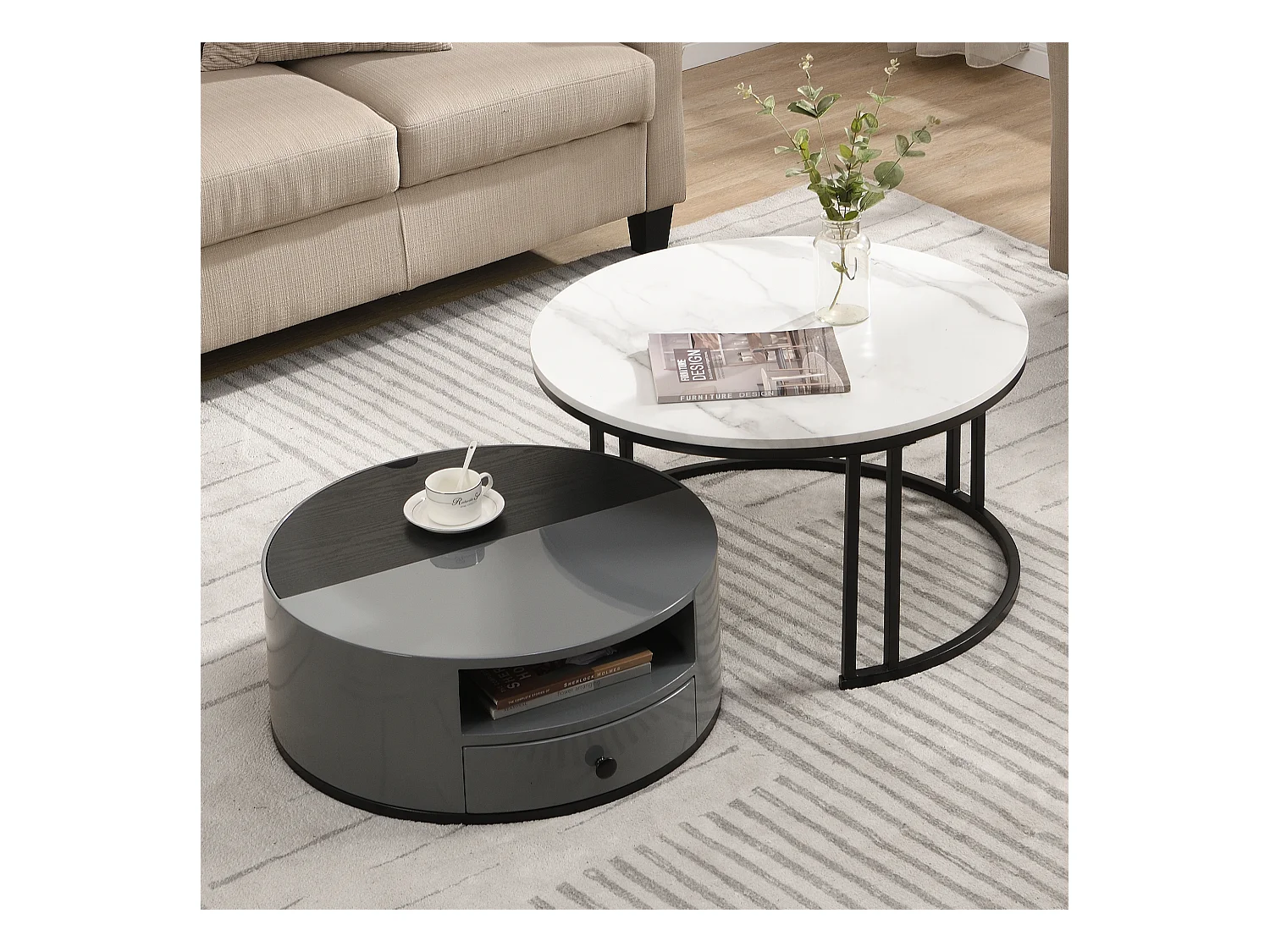 Table basse nesting avec rangement, design marbré et bois, MDF, gris et noir (70x70x40cm)
