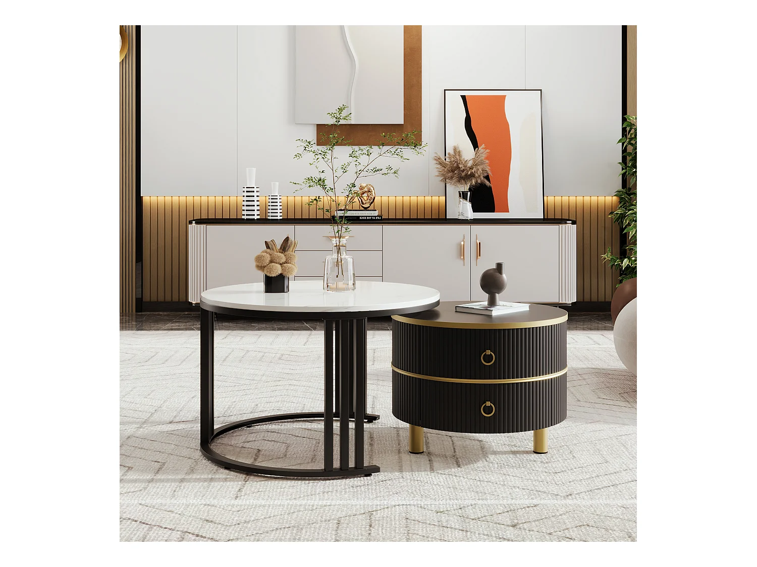 Table basse 2-en-1 ronde, MDF, Plateau en marbre blanc et en verre trempé brun, avec 2 tiroirs, Noir (70x70x46 + 50x50x40 cm)