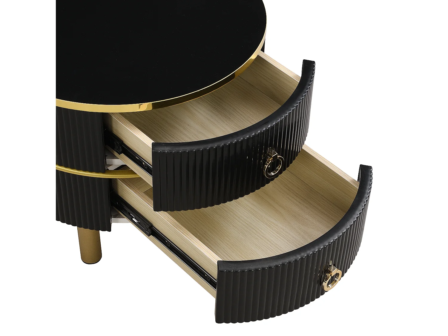 Table basse 2-en-1 ronde, MDF, Plateau en marbre blanc et en verre trempé brun, avec 2 tiroirs, Noir (70x70x46 + 50x50x40 cm)