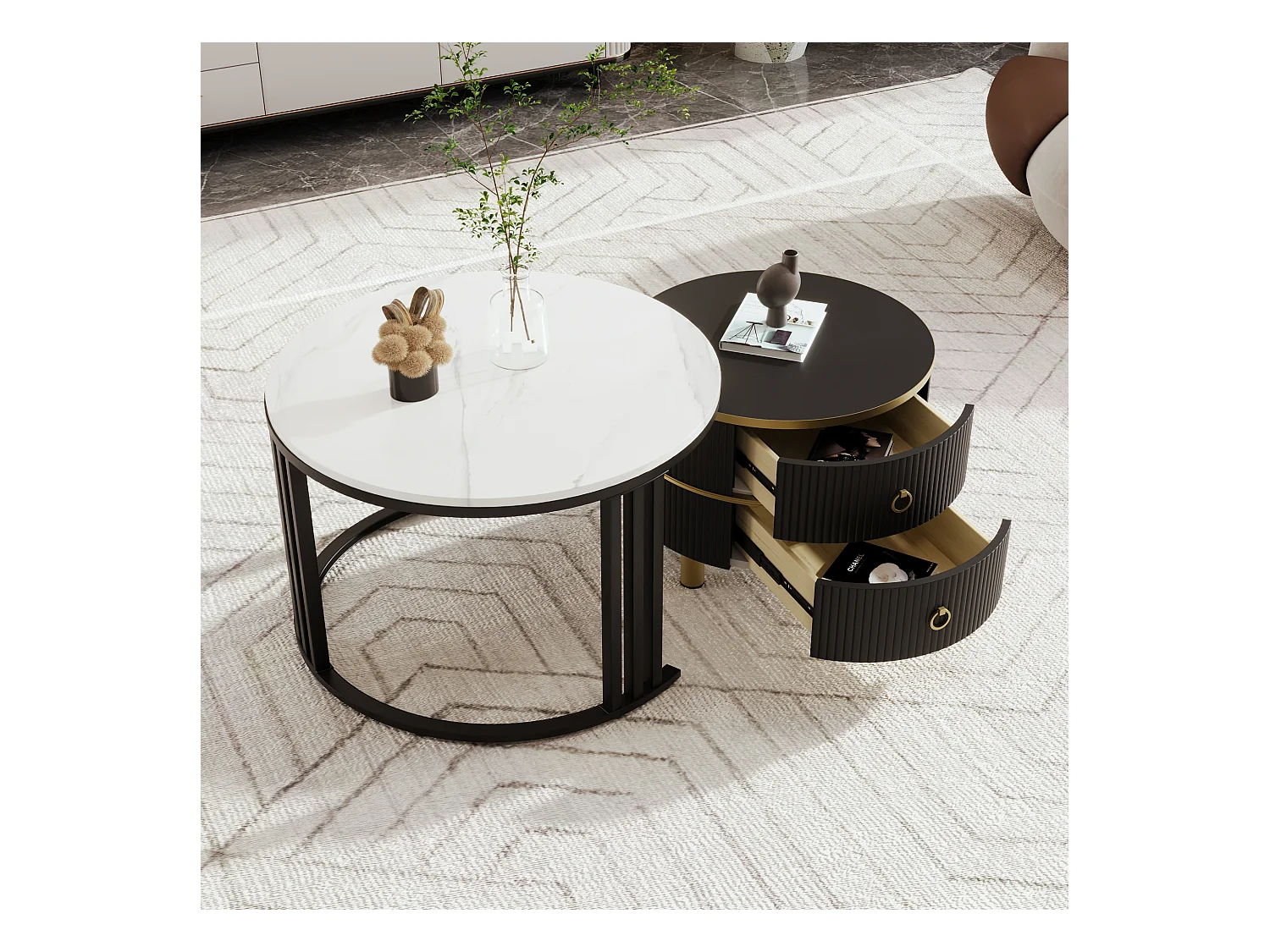 Tavolino rotondo 2 in 1, MDF, piano in marmo bianco e vetro temperato marrone, con 2 cassetti, nero (70x70x46 + 50x50x40 cm)